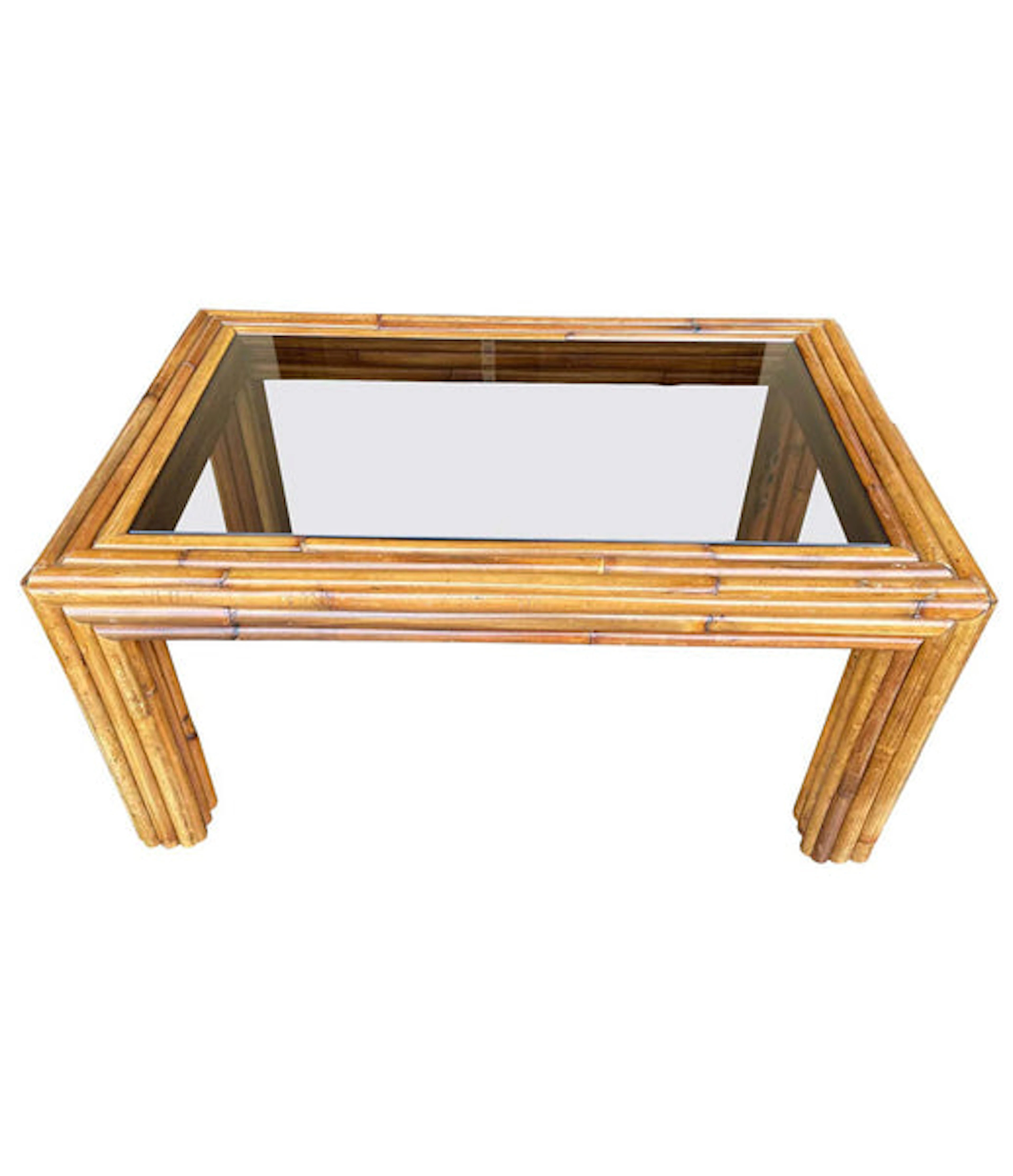 Italian 1970s bamboo coffee table with smoked glass