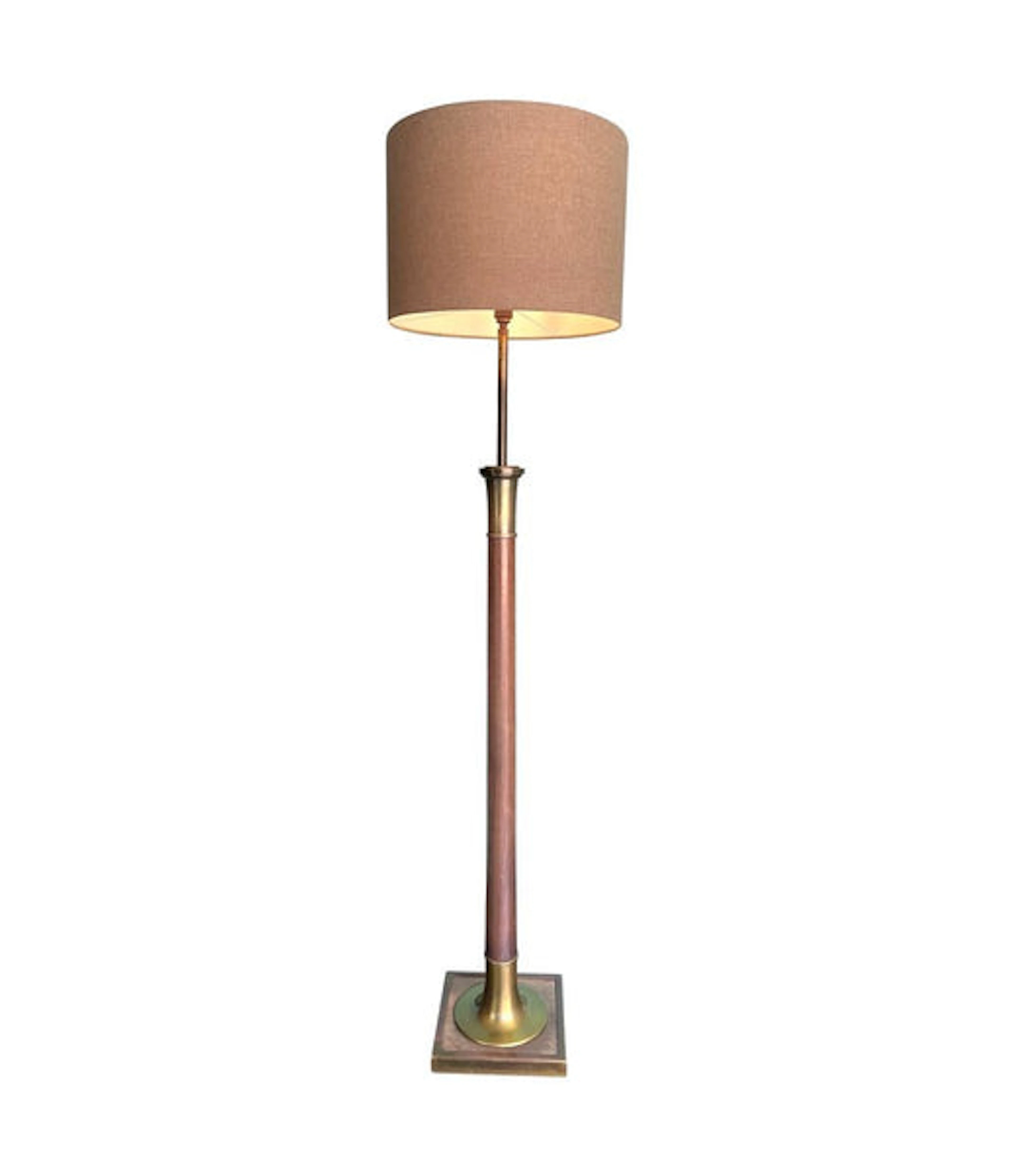 A large 1950s Spanish wooden and brass floor lamp with bespoke natural
