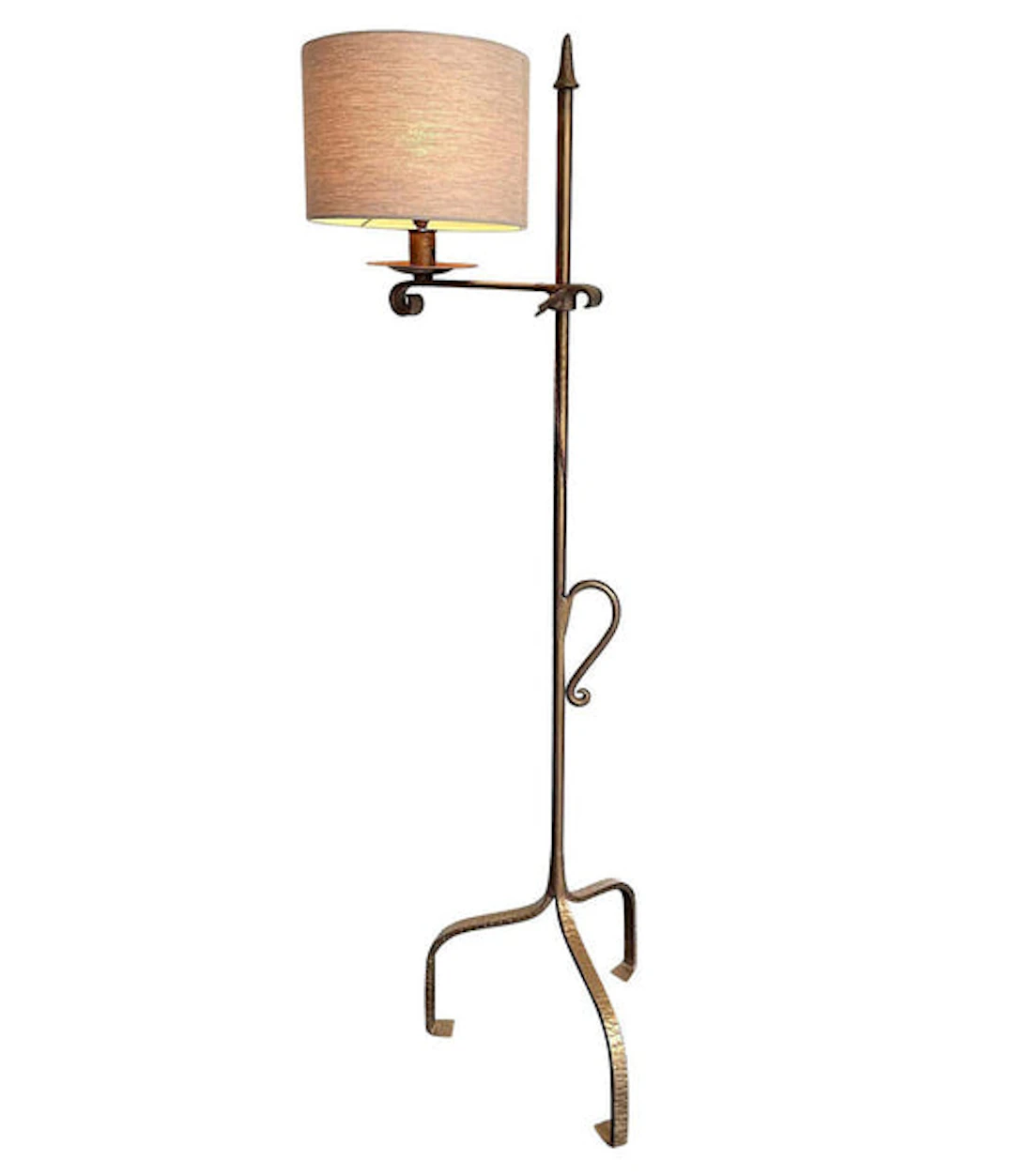 A 1950s Spanish gilt wrought iron, adjustable floor lamp with linen shade.
