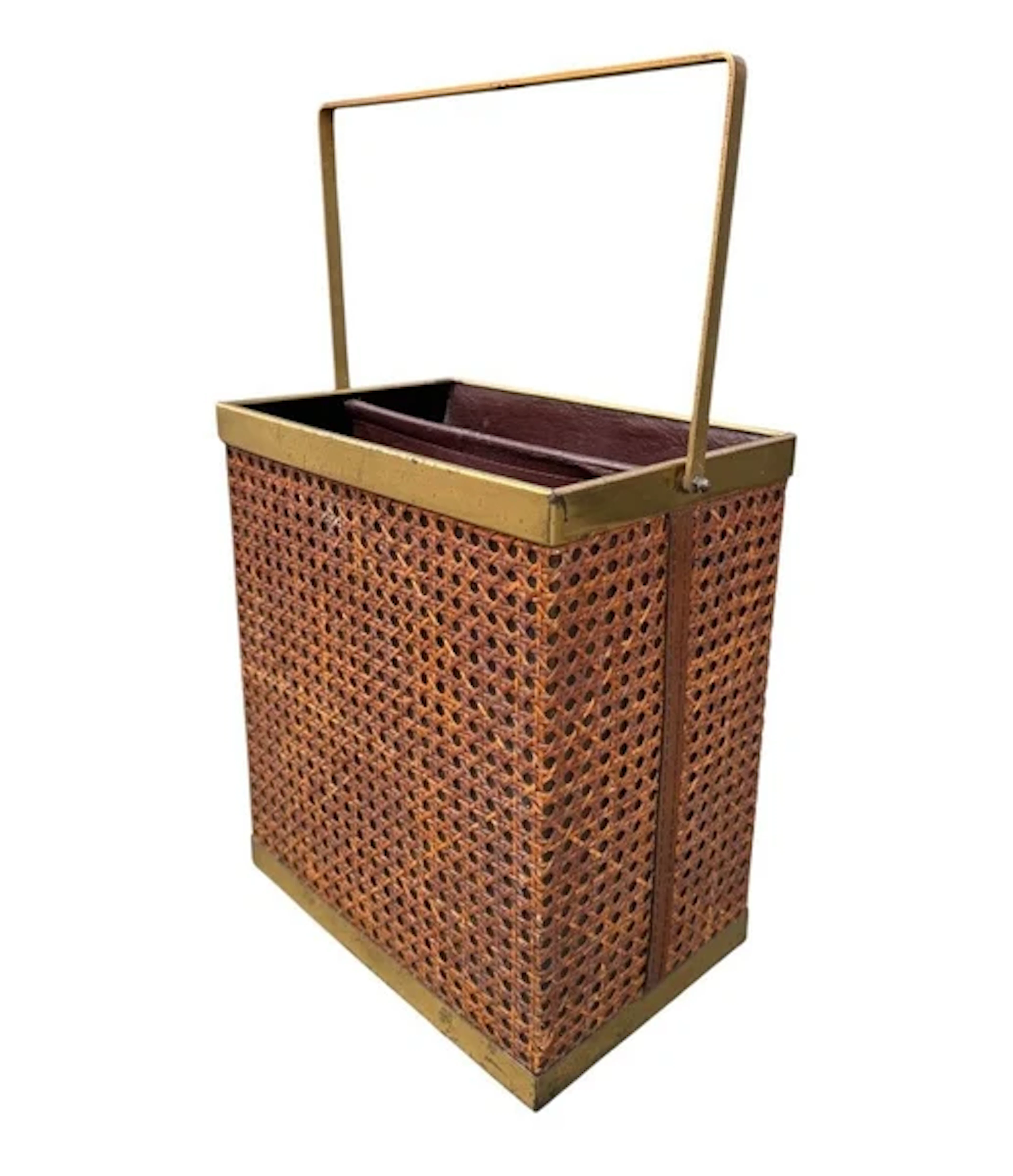 An Italian 1970s rattan and gilt metal magazine rack