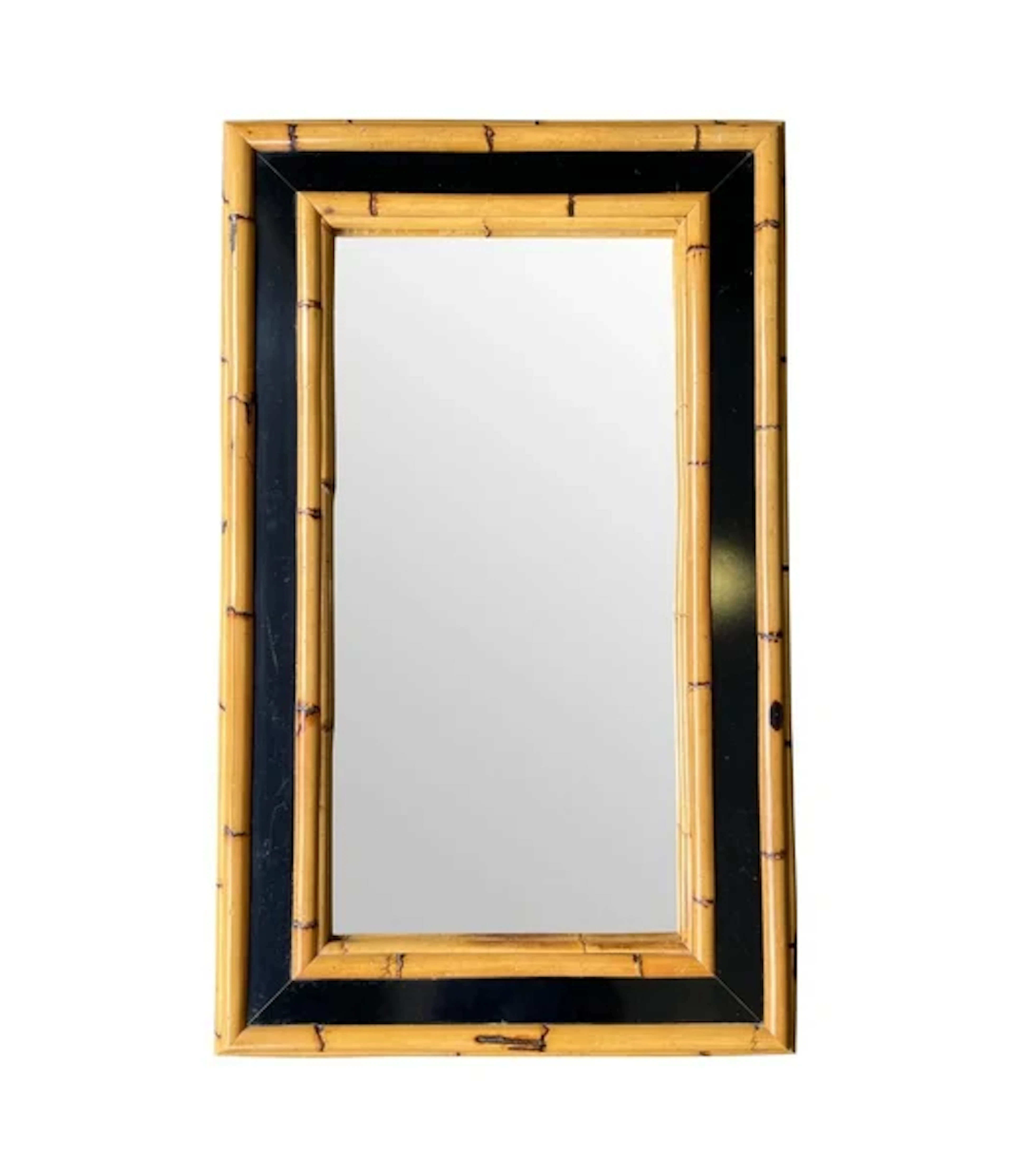 A large Italian 1970s bamboo and black lacquer mirror attributed to