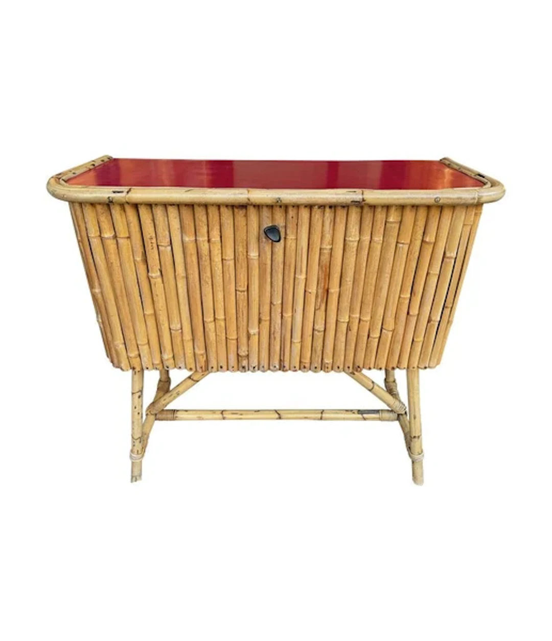 An Italian 1960s bamboo bar cabinet with red laminate top