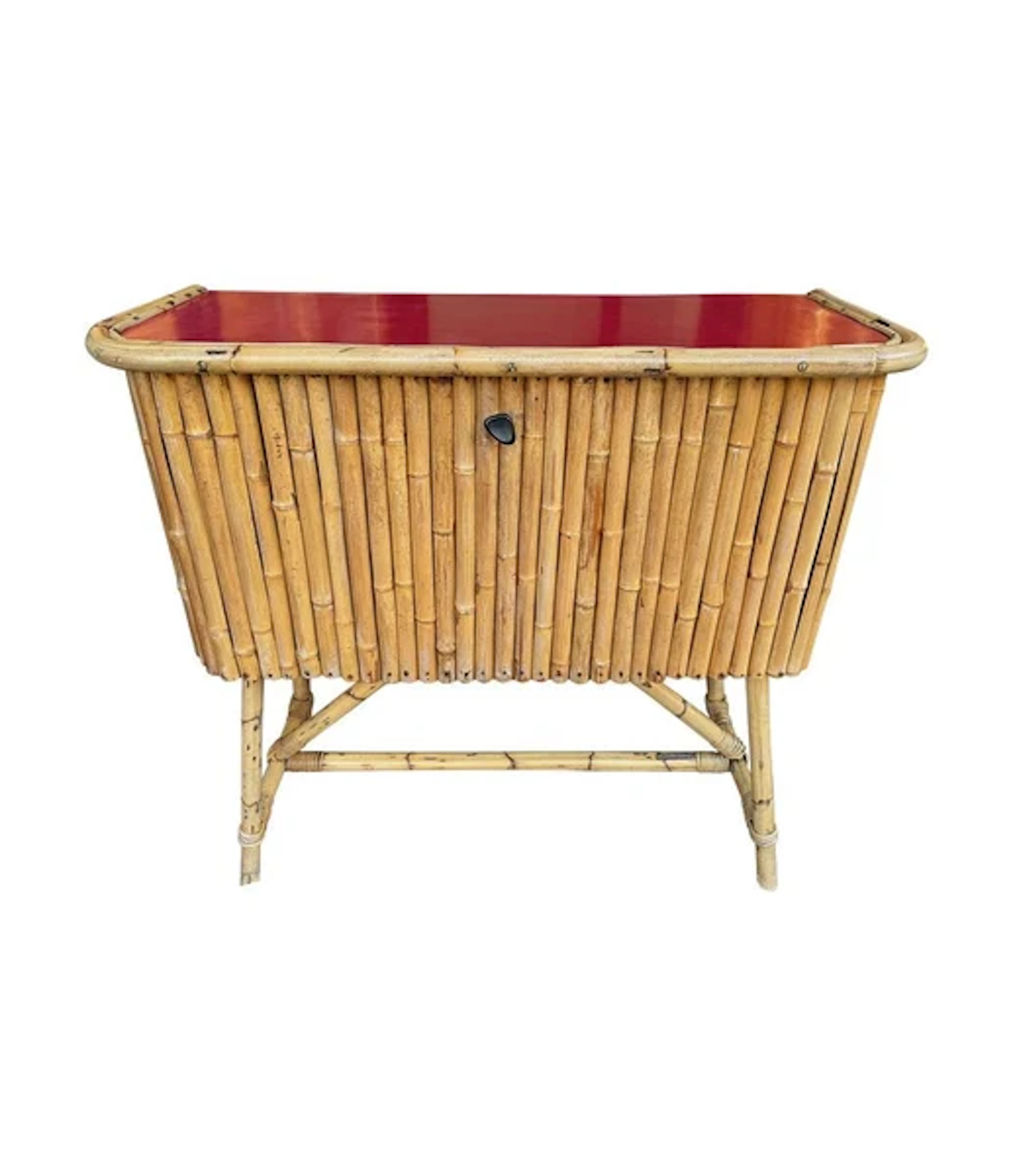 An Italian 1960s bamboo bar cabinet with red laminate top