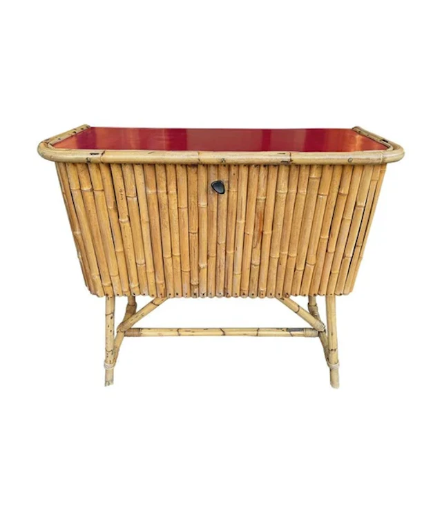 An Italian 1960s bamboo bar cabinet with red laminate top