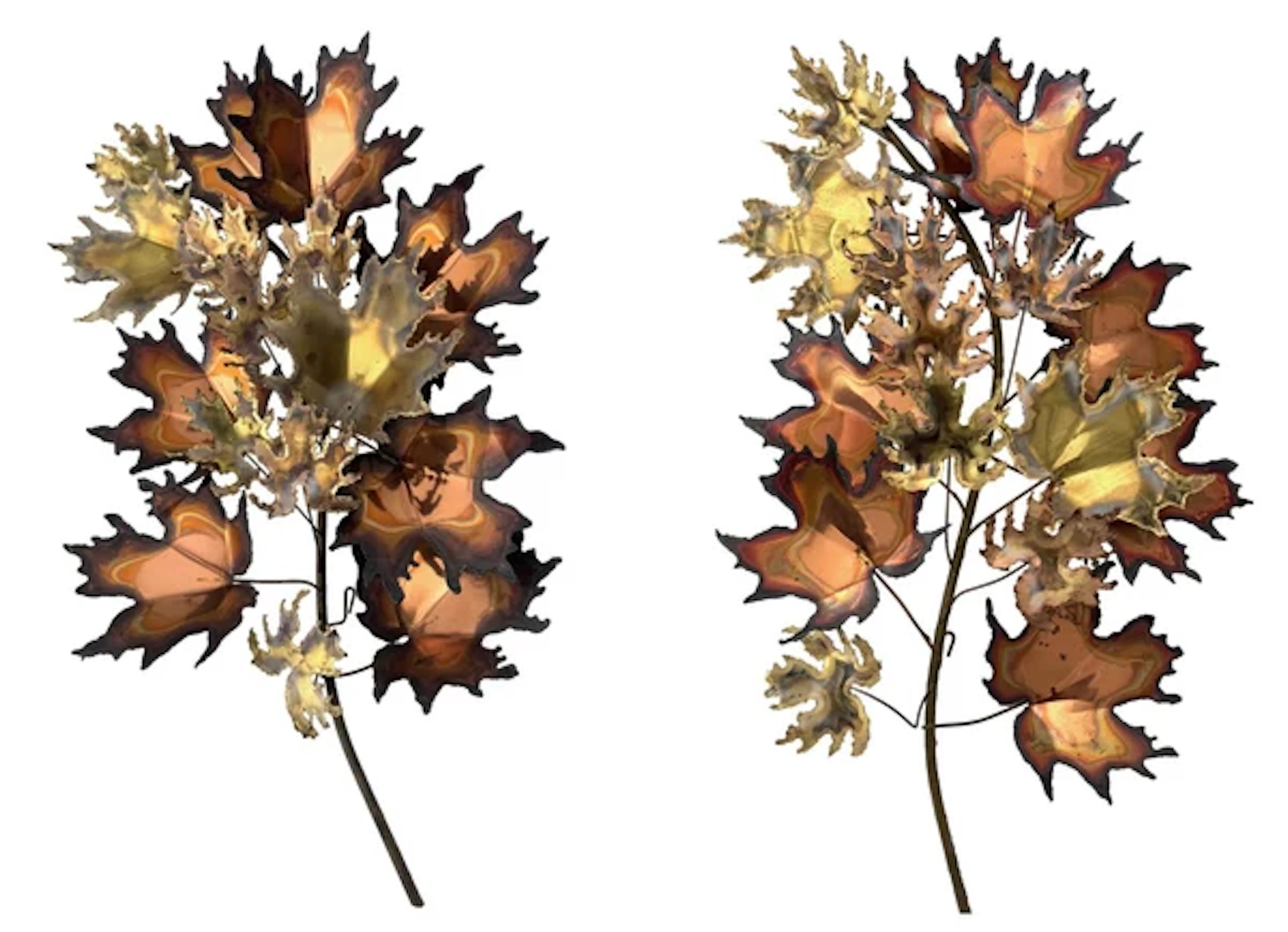 A pair of large 1970s Curtis Jere torch cut brass and bronze maple