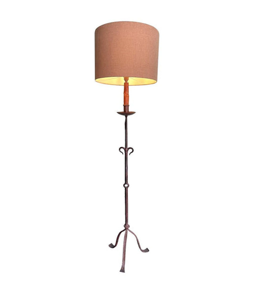 A Spanish 1950s wrought iron floor lamp with new bespoke linen shade