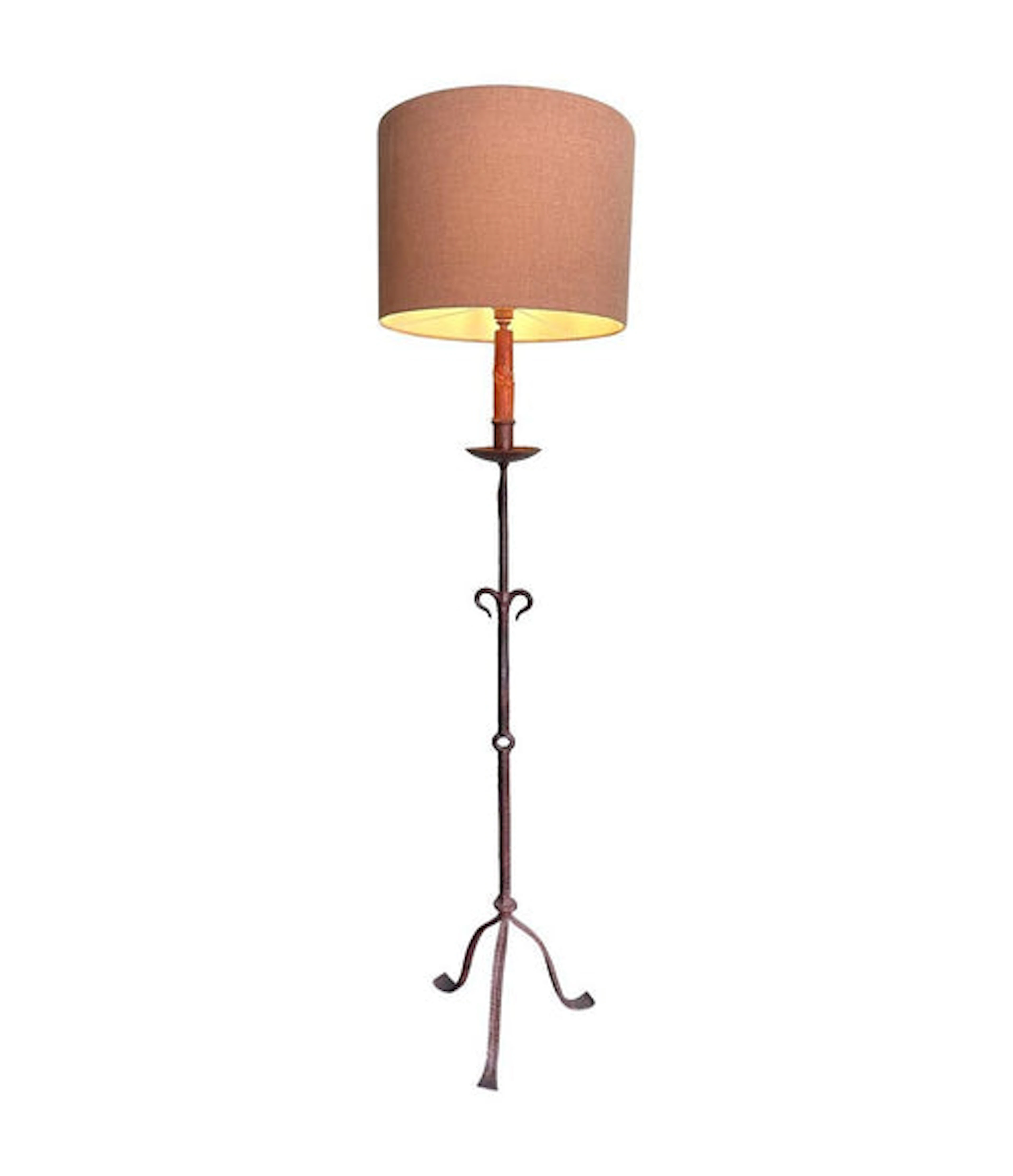 A Spanish 1950s wrought iron floor lamp with new bespoke linen shade