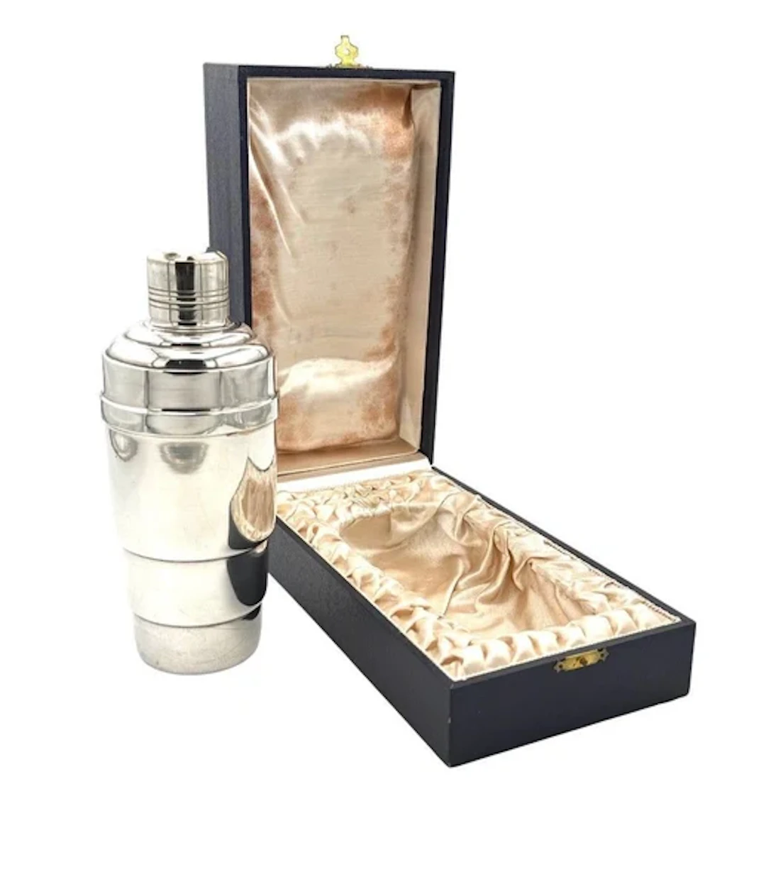 A French 1930s Art Deco silver plated cocktail shaker in orignal presentation