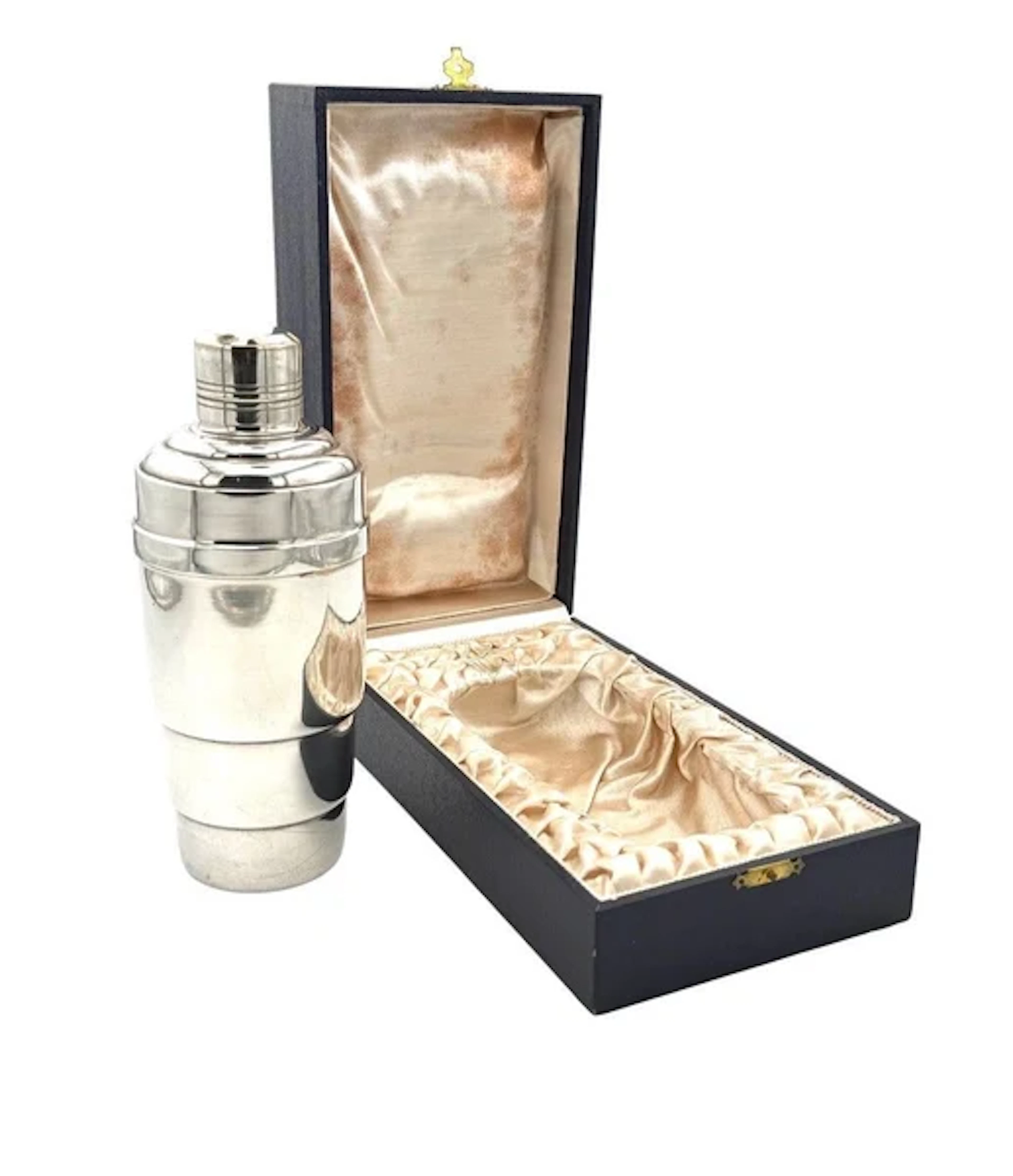 A French 1930s Art Deco silver plated cocktail shaker in orignal presentation