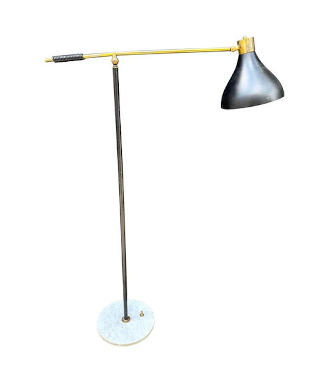 An Italian 1960s black enamel, brass and marble adjustable floor lamp by Stilux