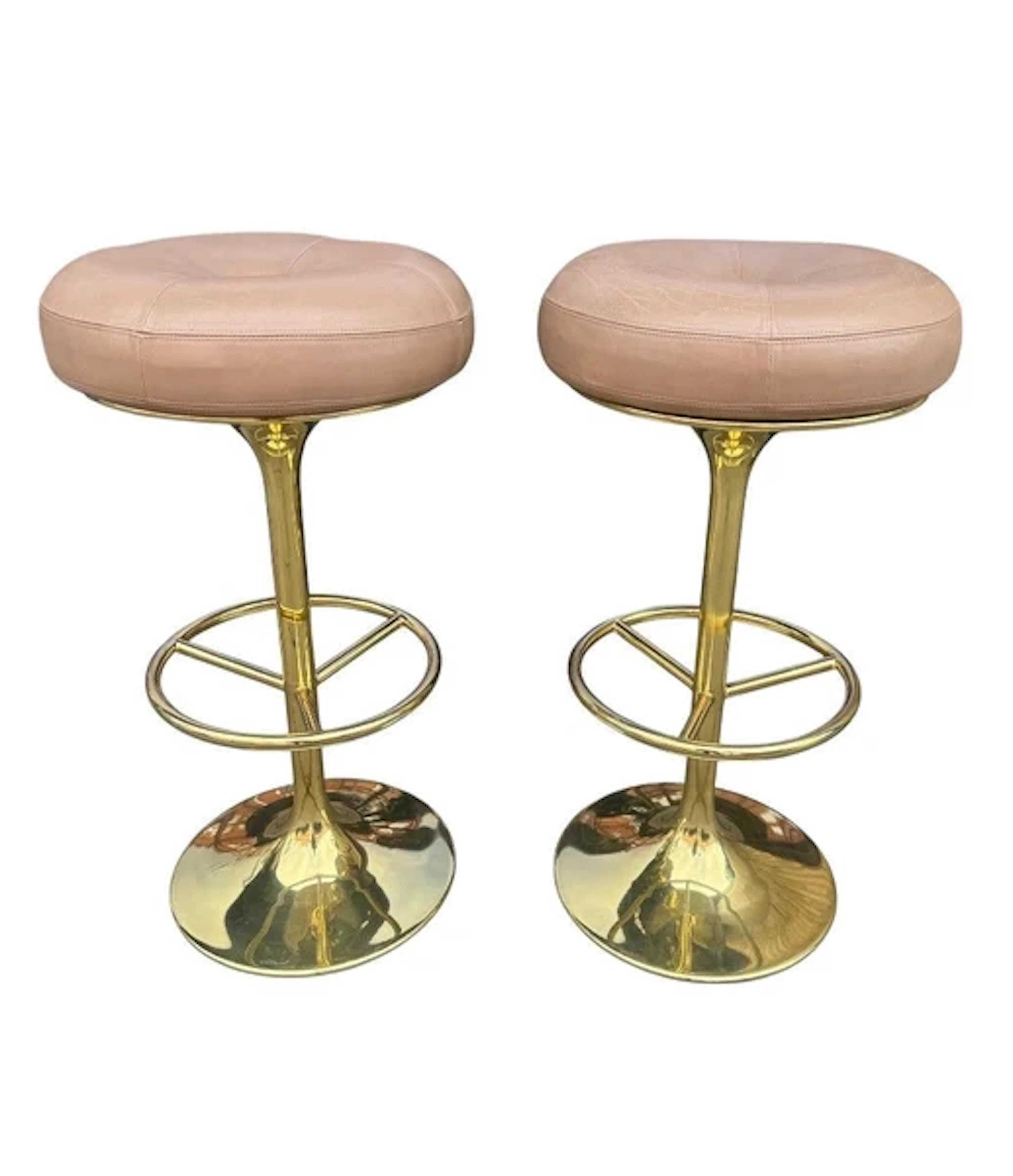 A pair of Italian 1970s gilt metal and leather bar stools