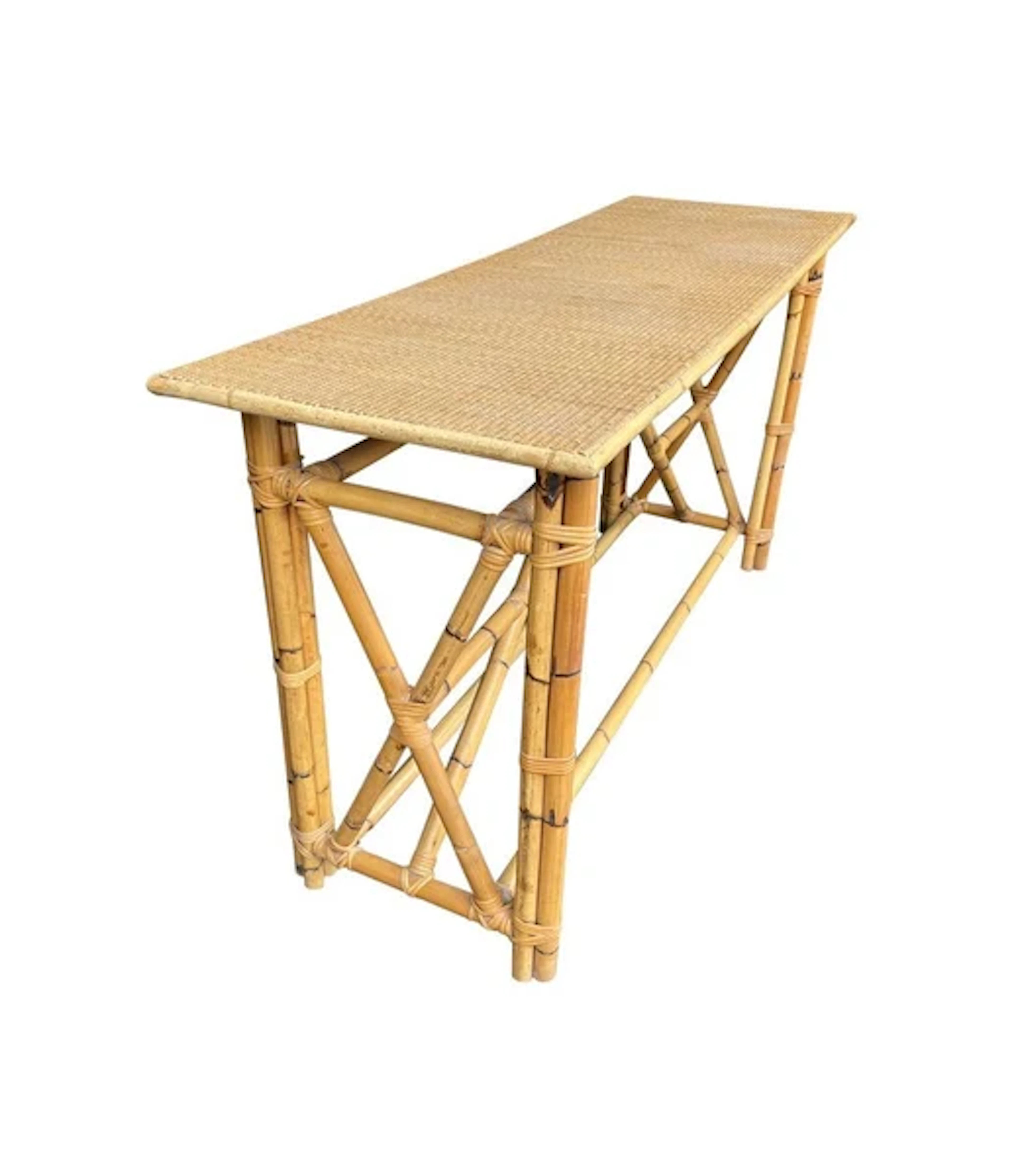 A 1970s Italian bamboo console table with woven rattan top