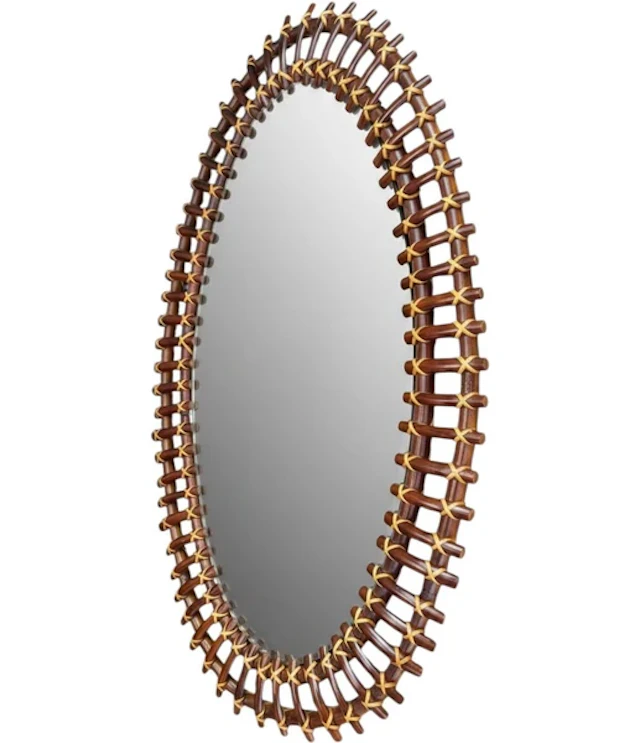 An Italian 1970s oval split cane bamboo mirror by Franco Albini for Bonacina