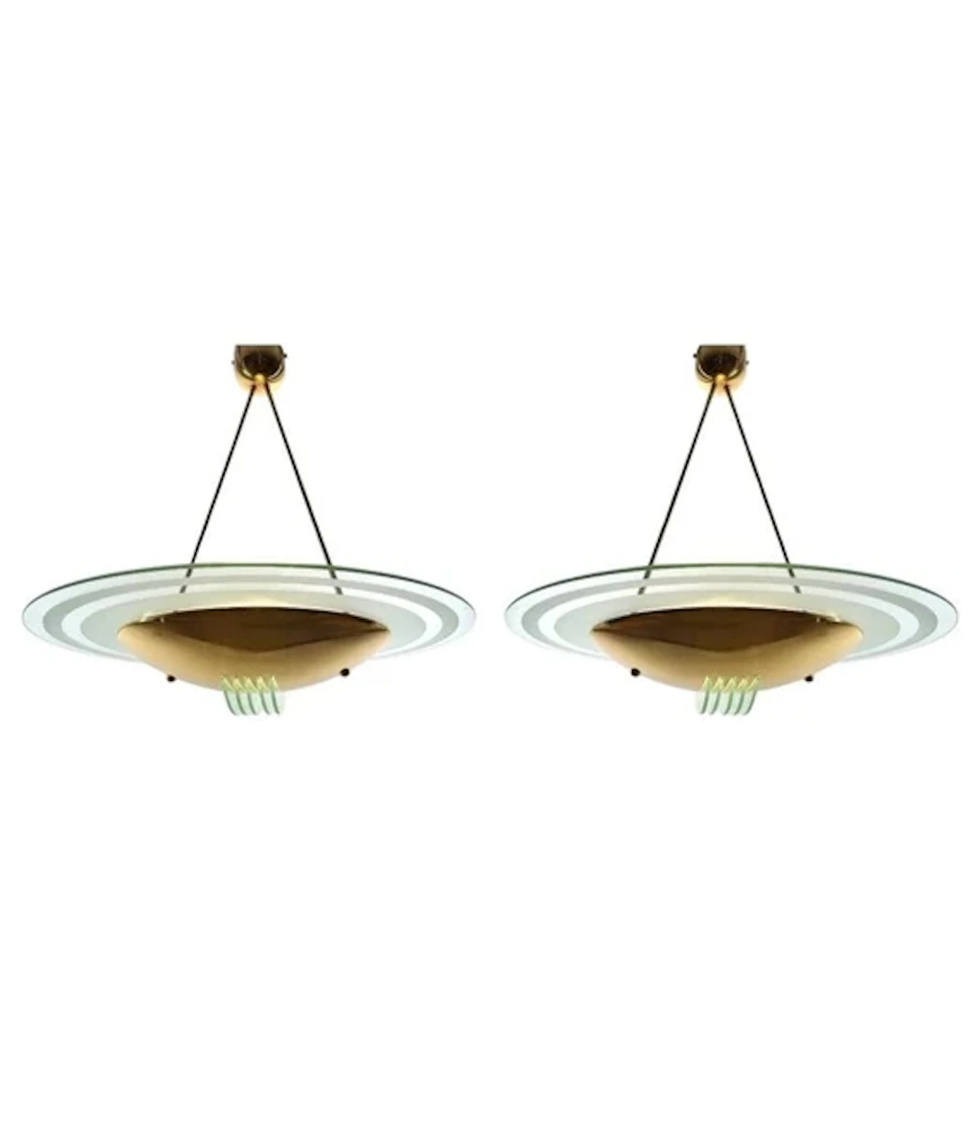A pair of Italian 1970s brass and etched glass ceiling lights by Lamperti