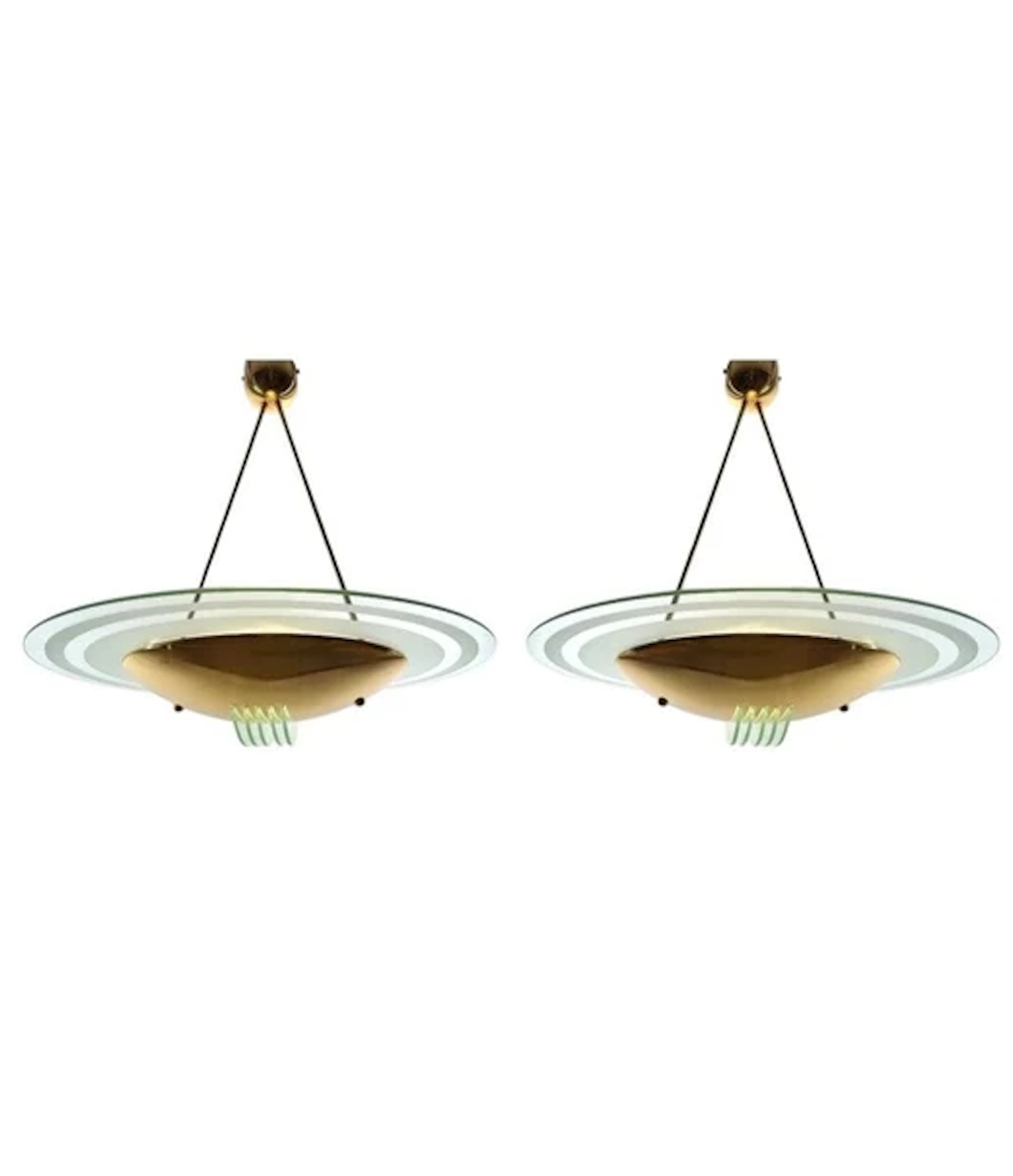 A pair of Italian 1970s brass and etched glass ceiling lights by Lamperti
