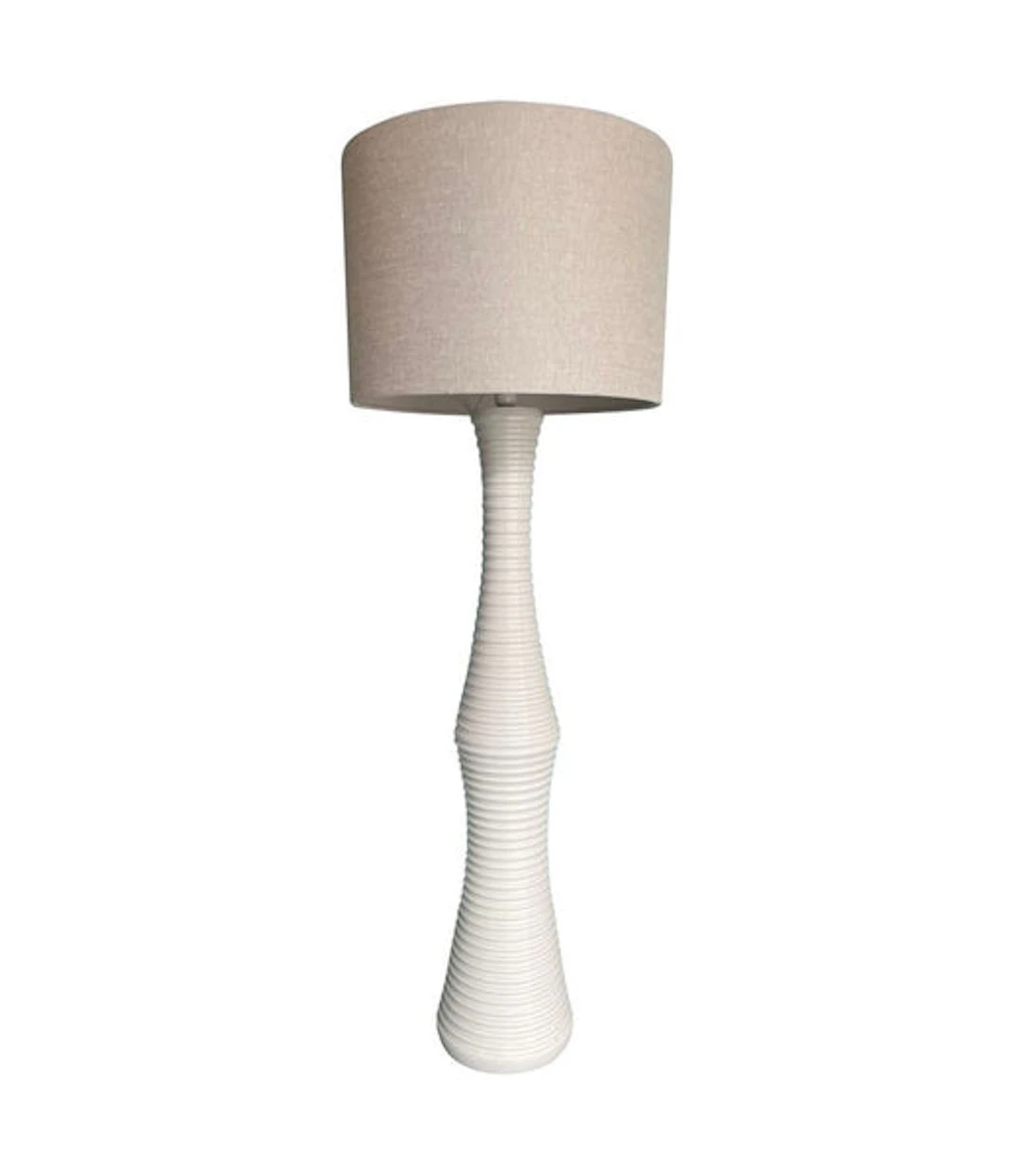 A large 1970s Italian white ribbed ceramic floor lamp with natural linen shade