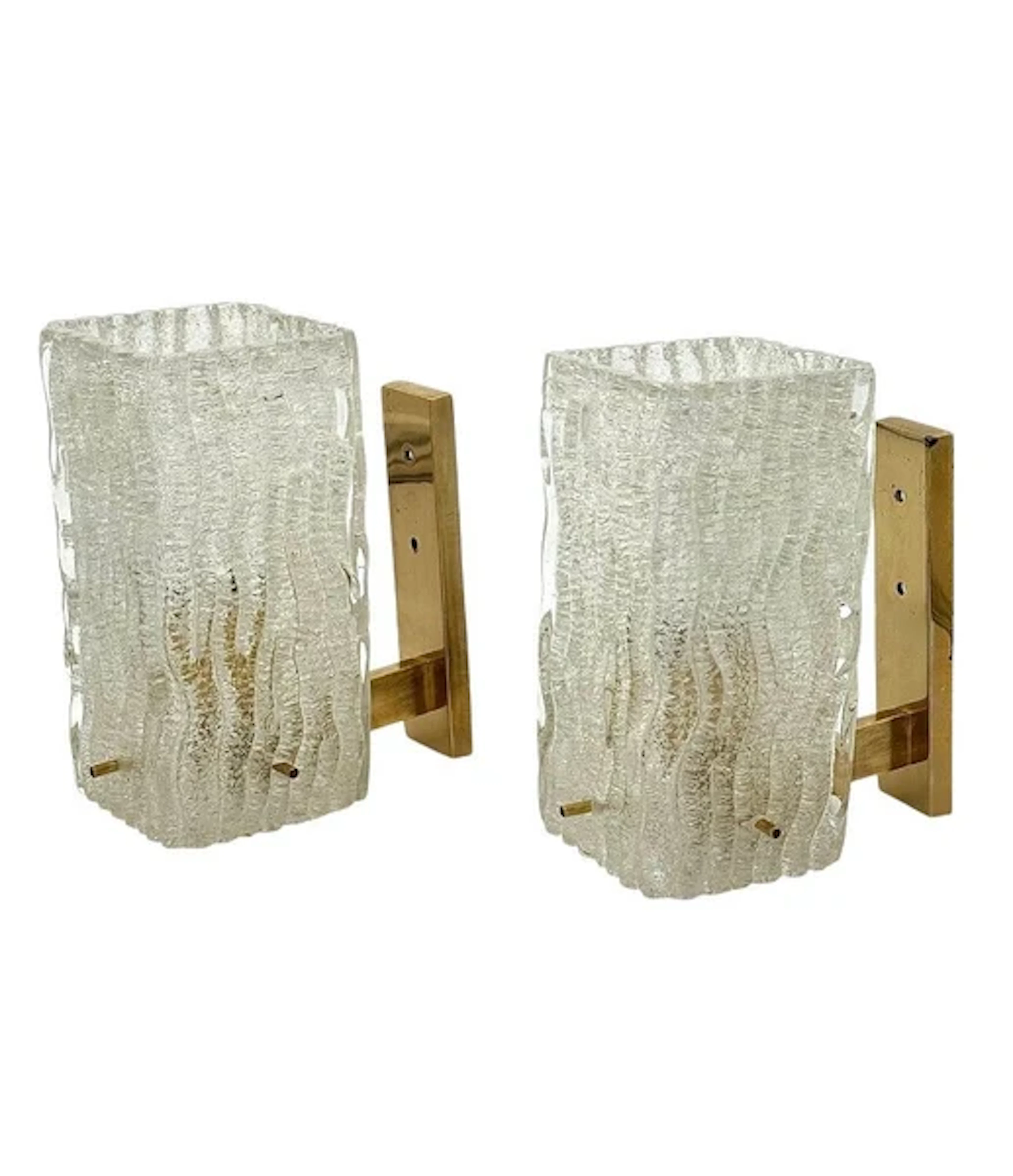 A pair 1970s "Ice glass" Murano and brass wall sconces by German lighting
