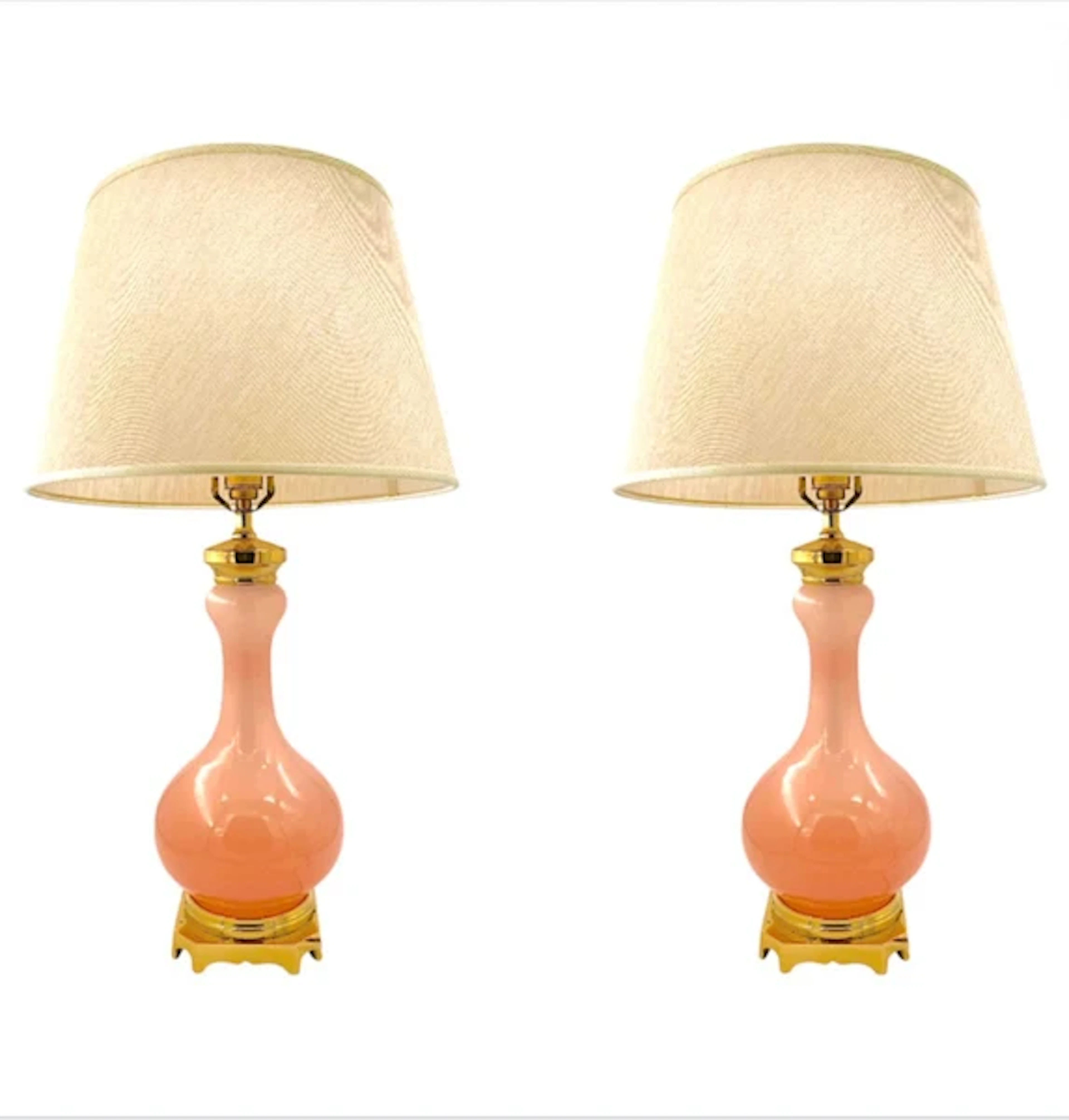 A large pair of Paul Hanson 1950s lamps with pink Murano opaline glass