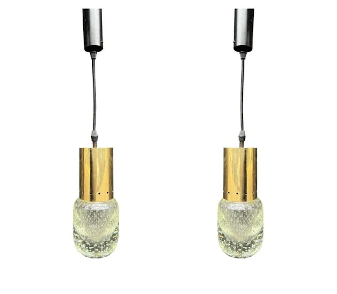 A rare pair of 1950s Murano glass and brass pendant light by Gino