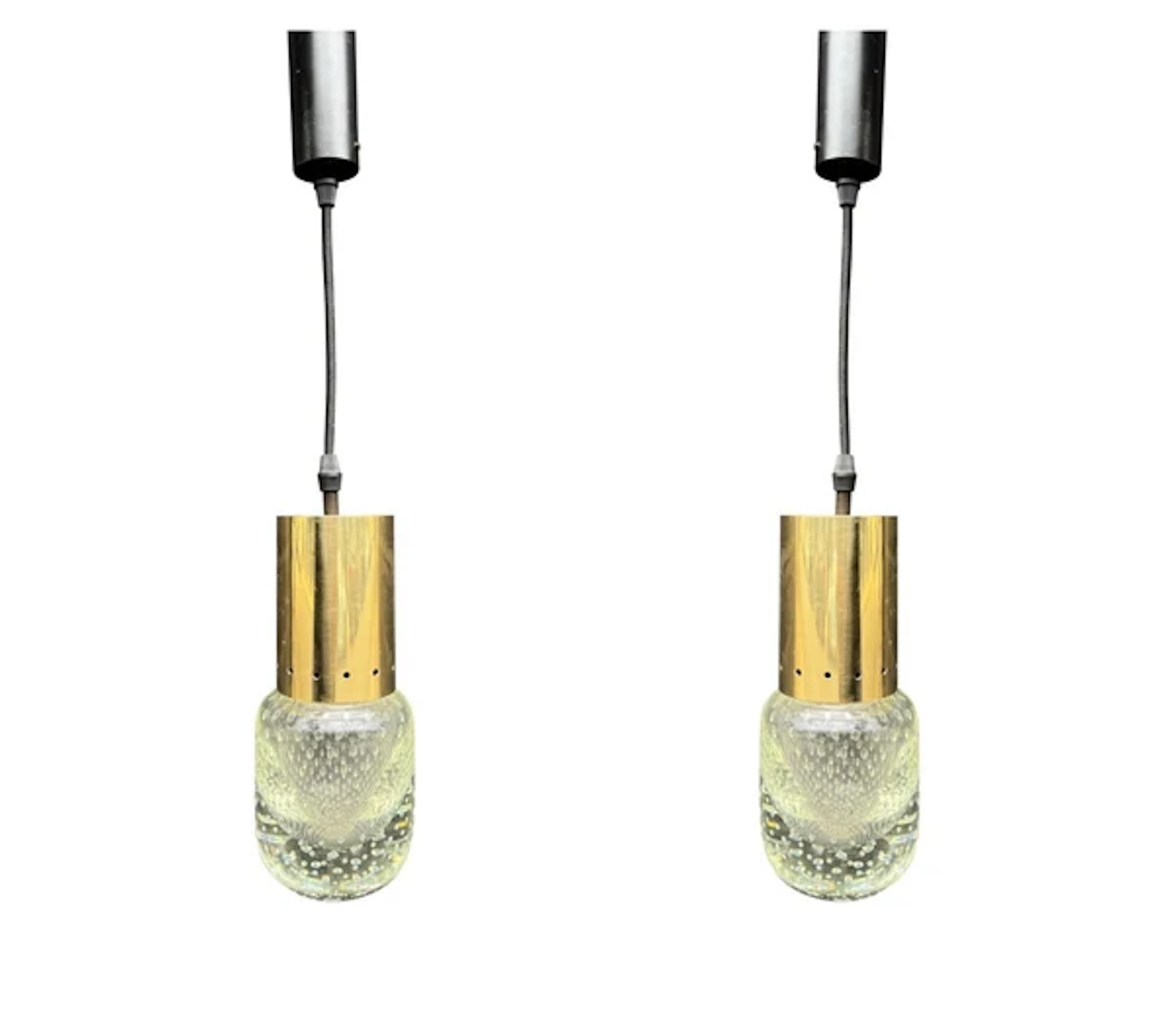A rare pair of 1950s Murano glass and brass pendant light by Gino