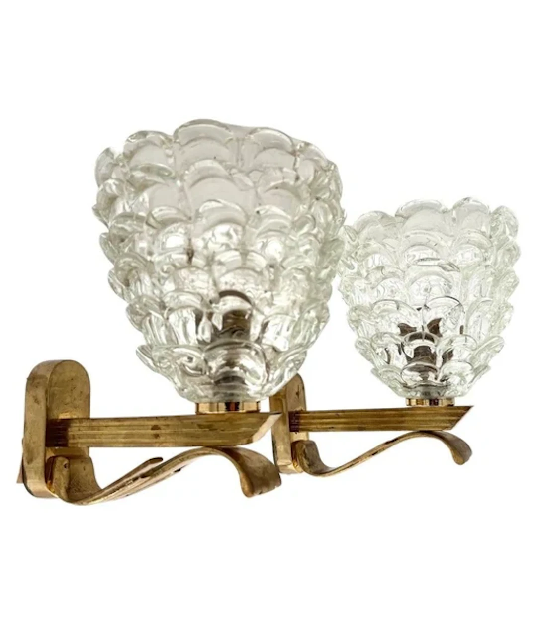 A pair of Art Deco 1940s Barovier and Toso Murano glass and brass wall sconces