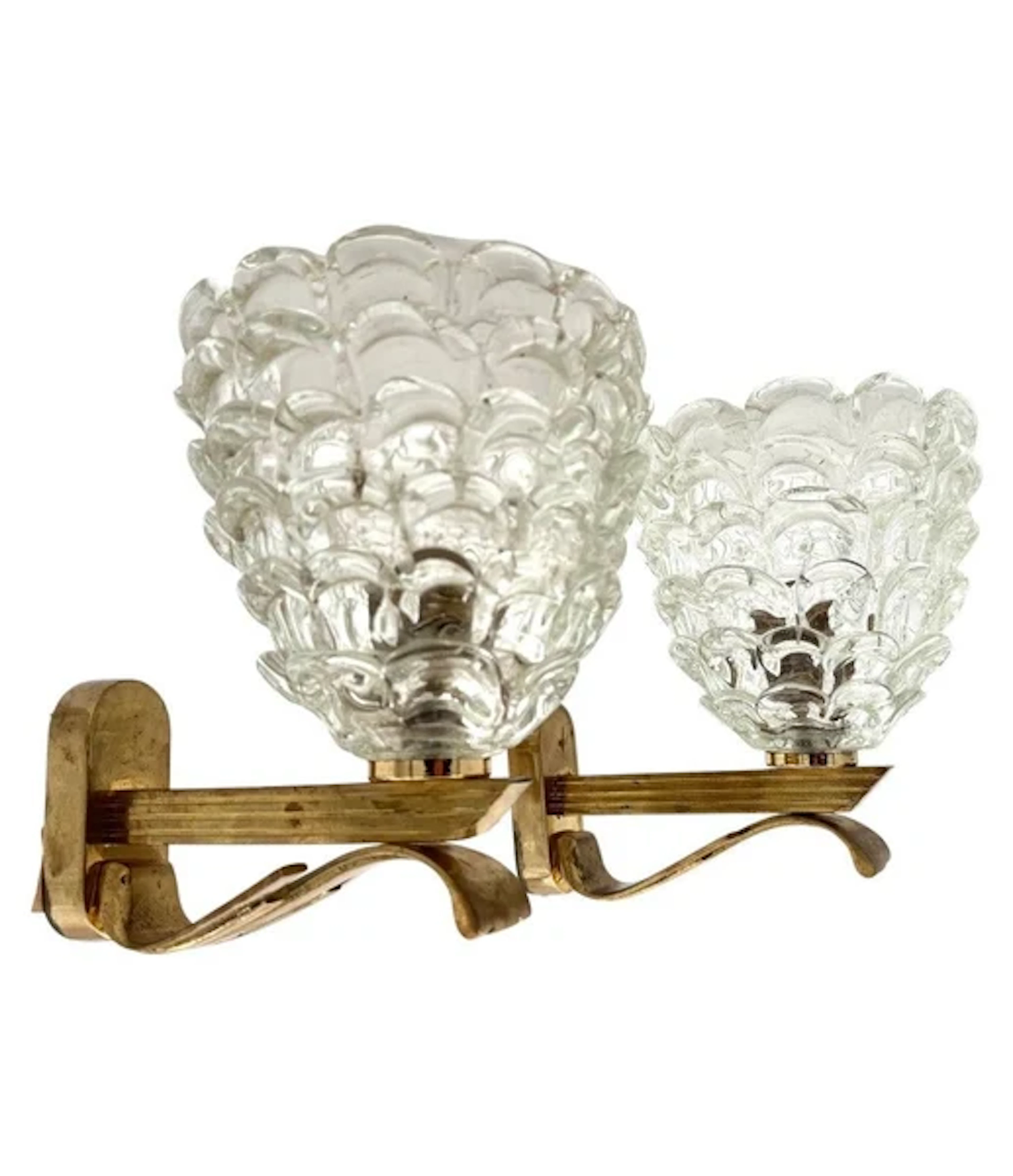 A pair of Art Deco 1940s Barovier and Toso Murano glass and brass wall sconces