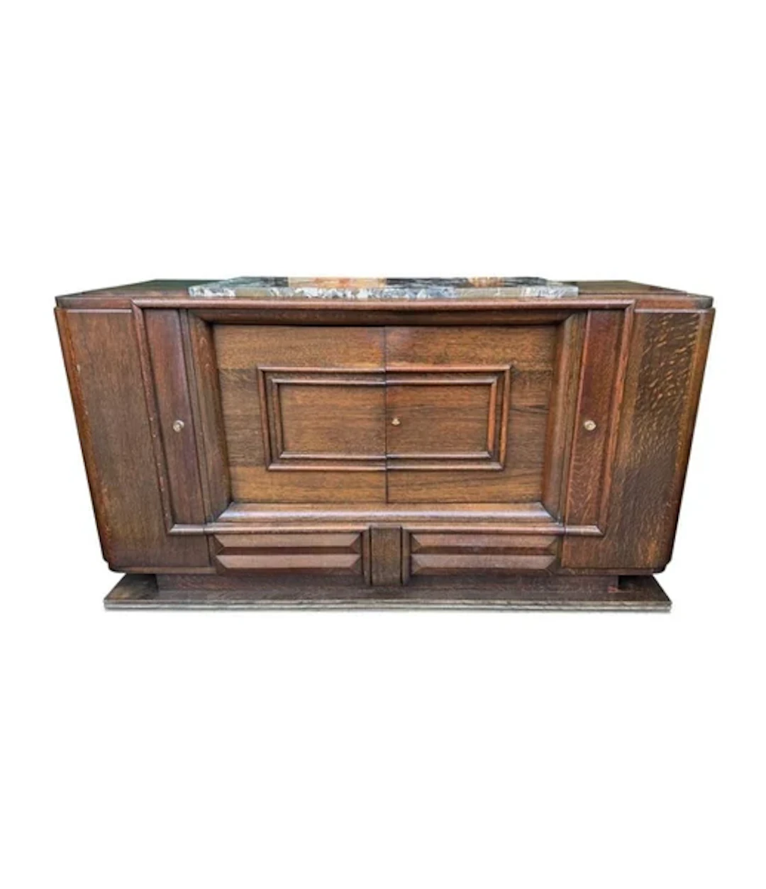 An Art Deco 1940s oak sideboard by Gaston Poisson with original marble top.