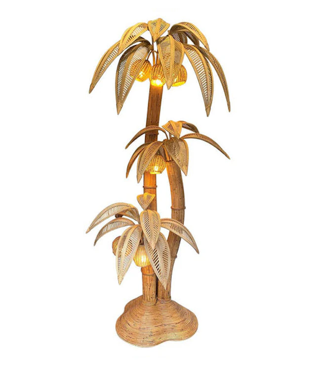 Very large bamboo and rattan 3 stemmed palm tree floor lamp with seven