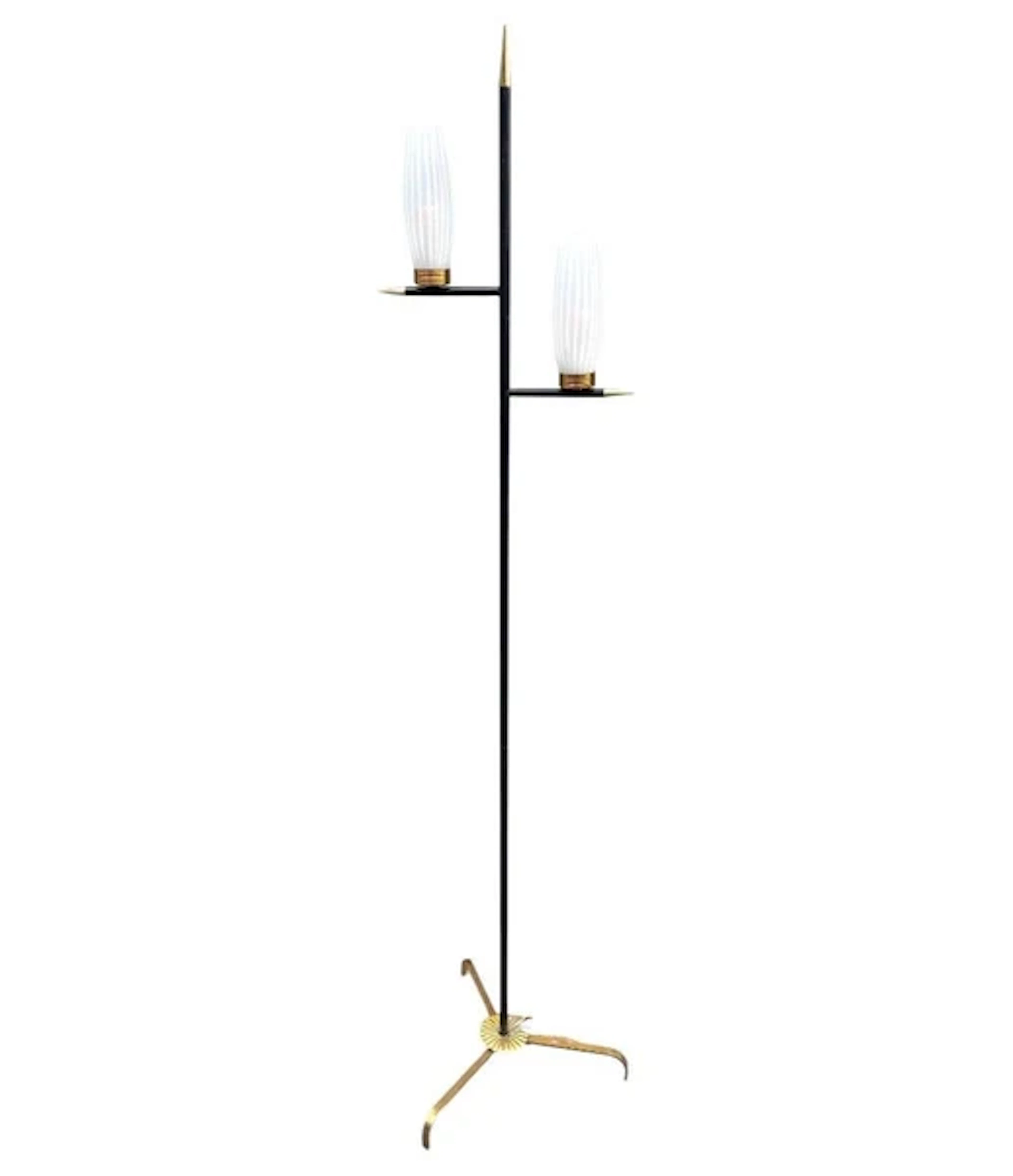 An Italian 1960s black lacquer and brass floor lamp with opaline glass shades