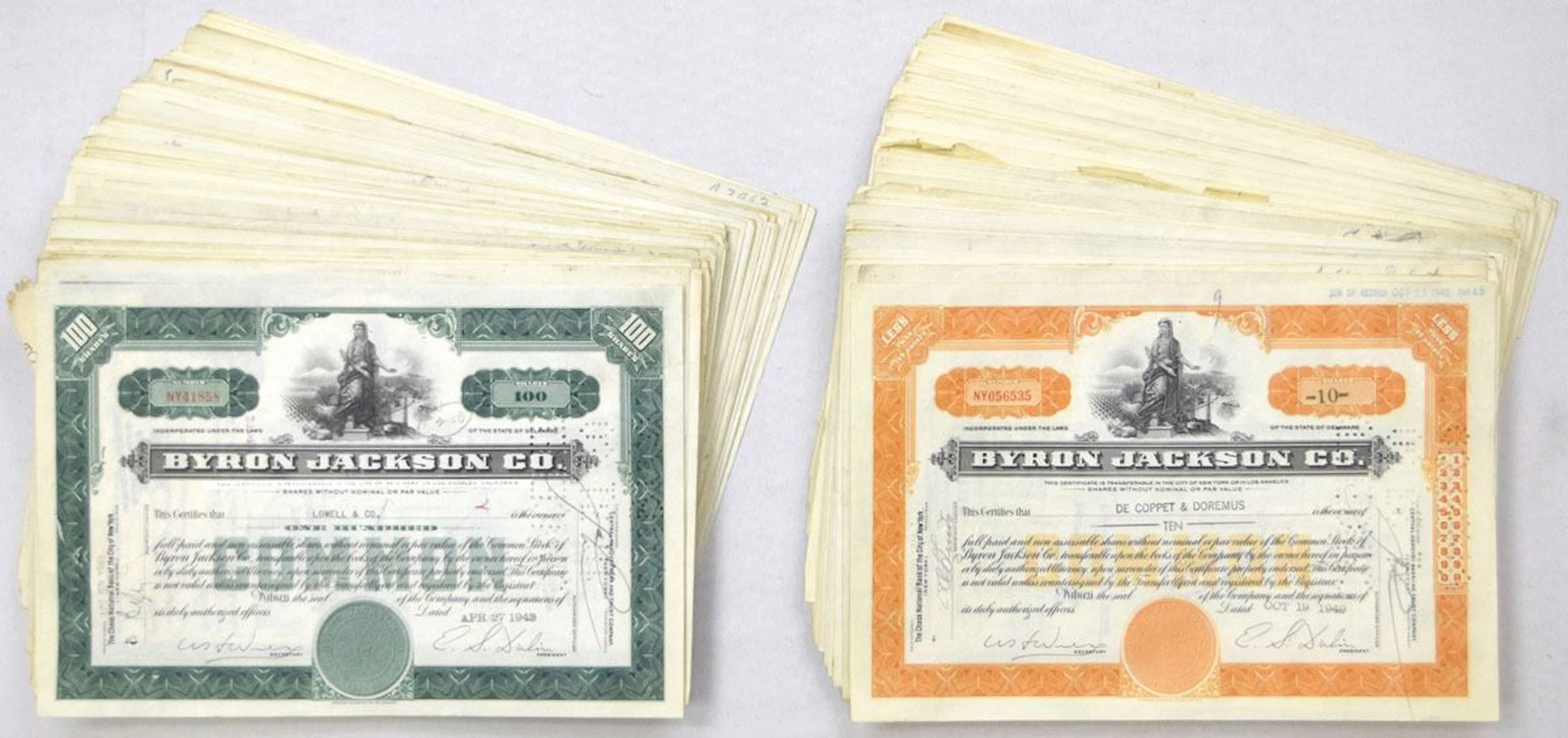 Byron Jackson Co., 1949, I/C Stock Certificate Assortment.