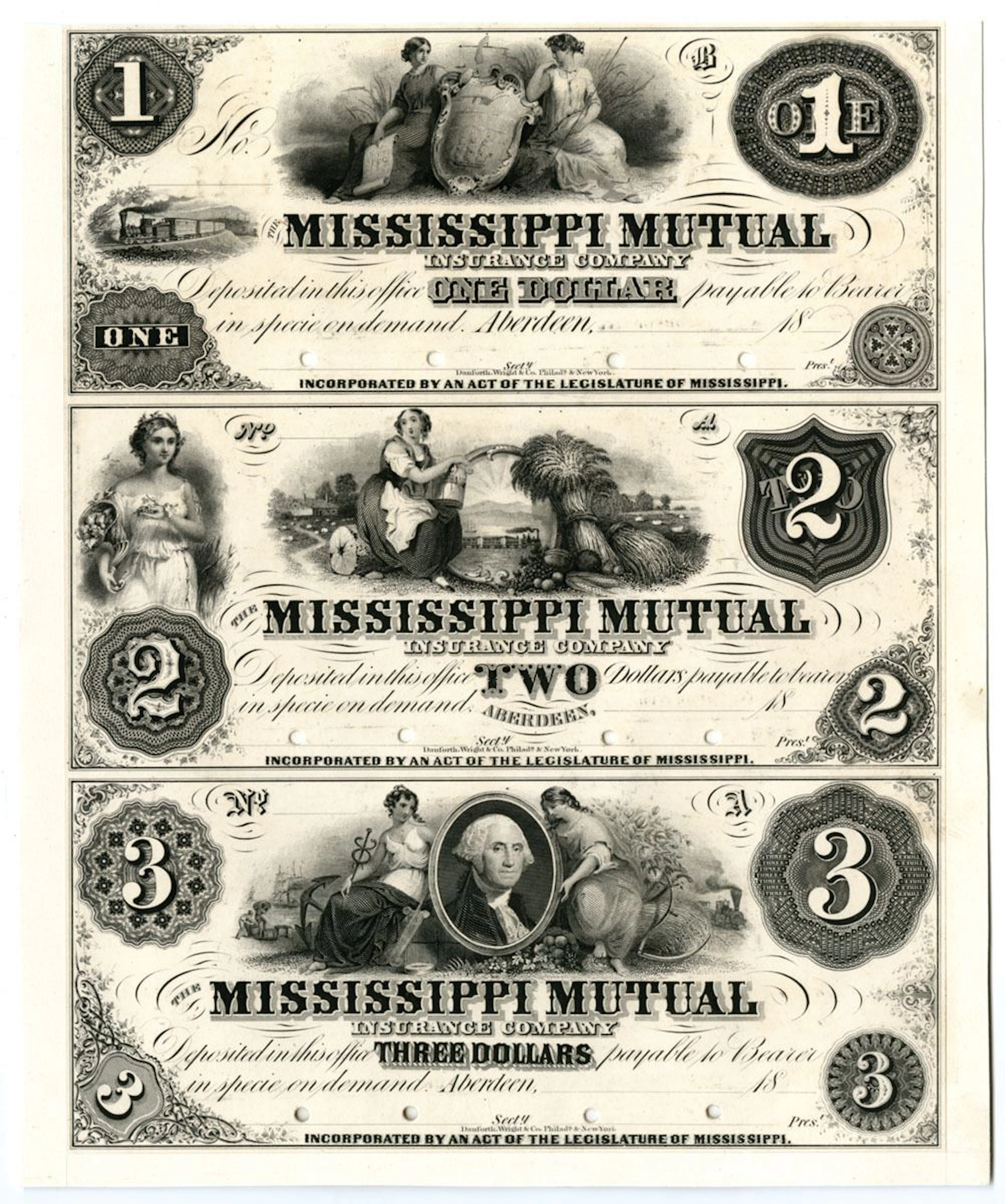 MS. Mississippi Mutual Insurance Company, ca.1853–1858. $1–$2–$3 Uncut Pr