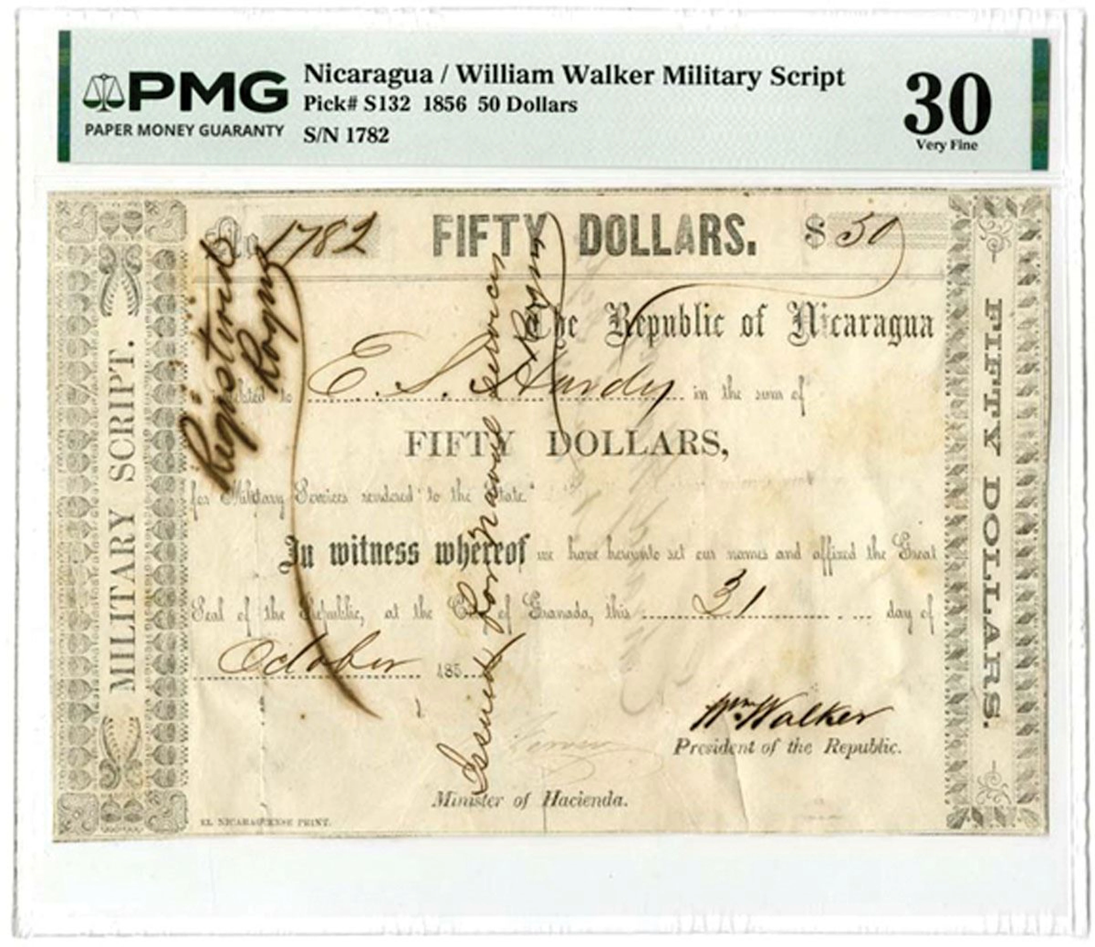 Nicaragua. William Walker Military Script, 1856, $50 Banknote