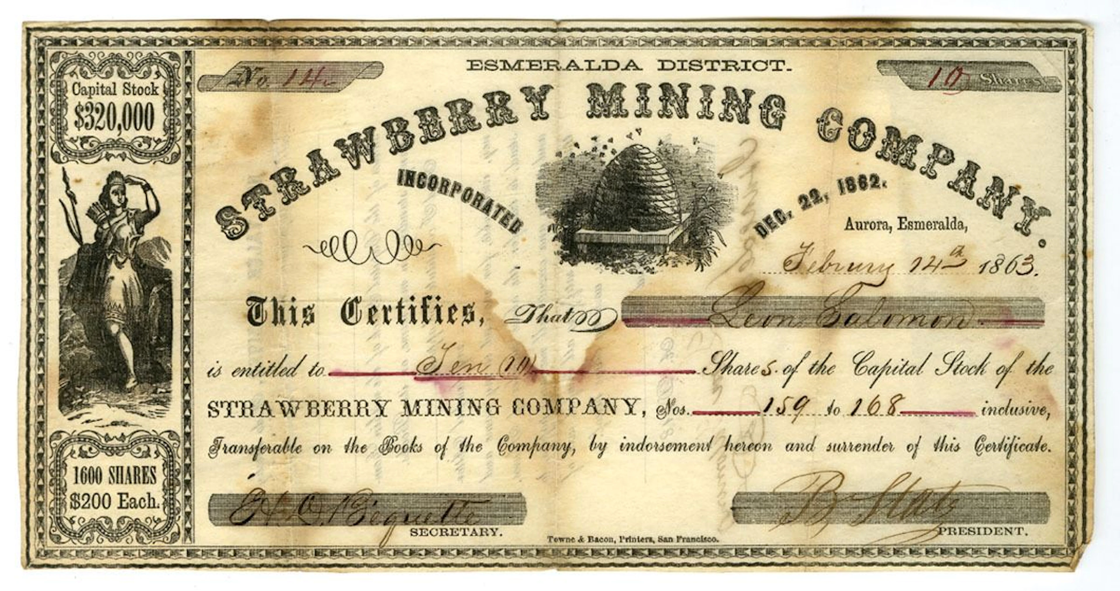 Nevada Territory, Strawberry Mining Co., 1862, I/U Stock Certificate.