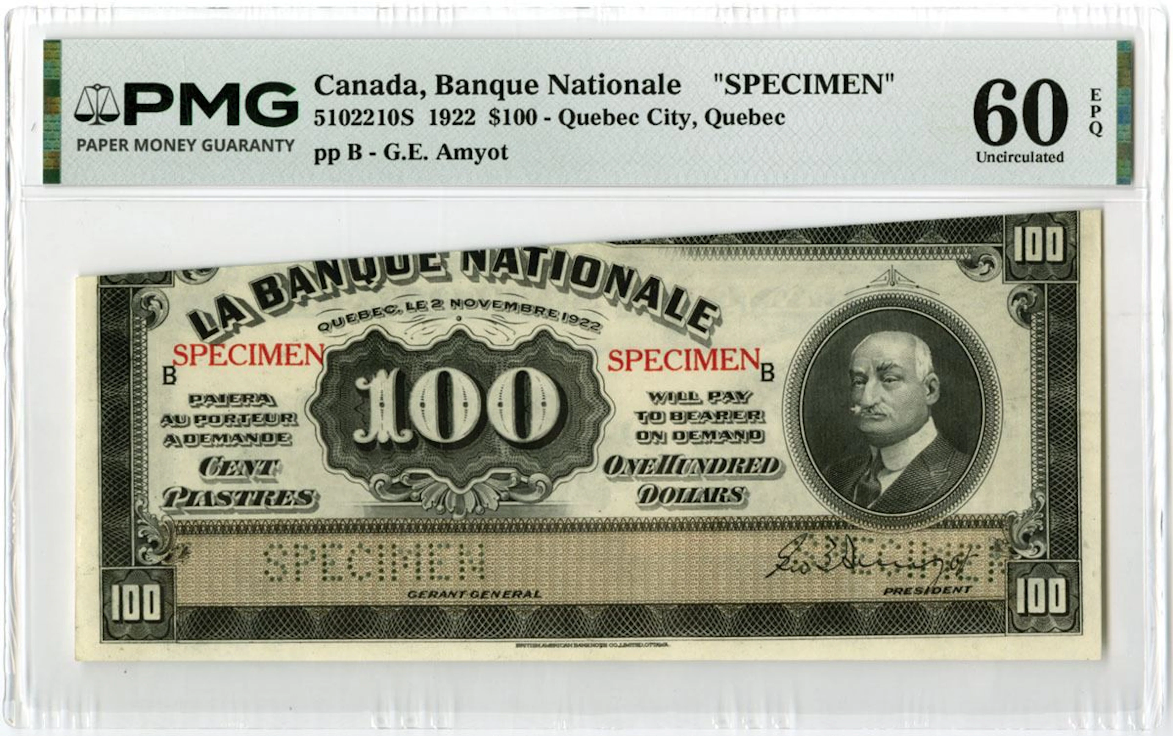 Canada. Banque National - Quebec City, 1922, Specimen Banknote.