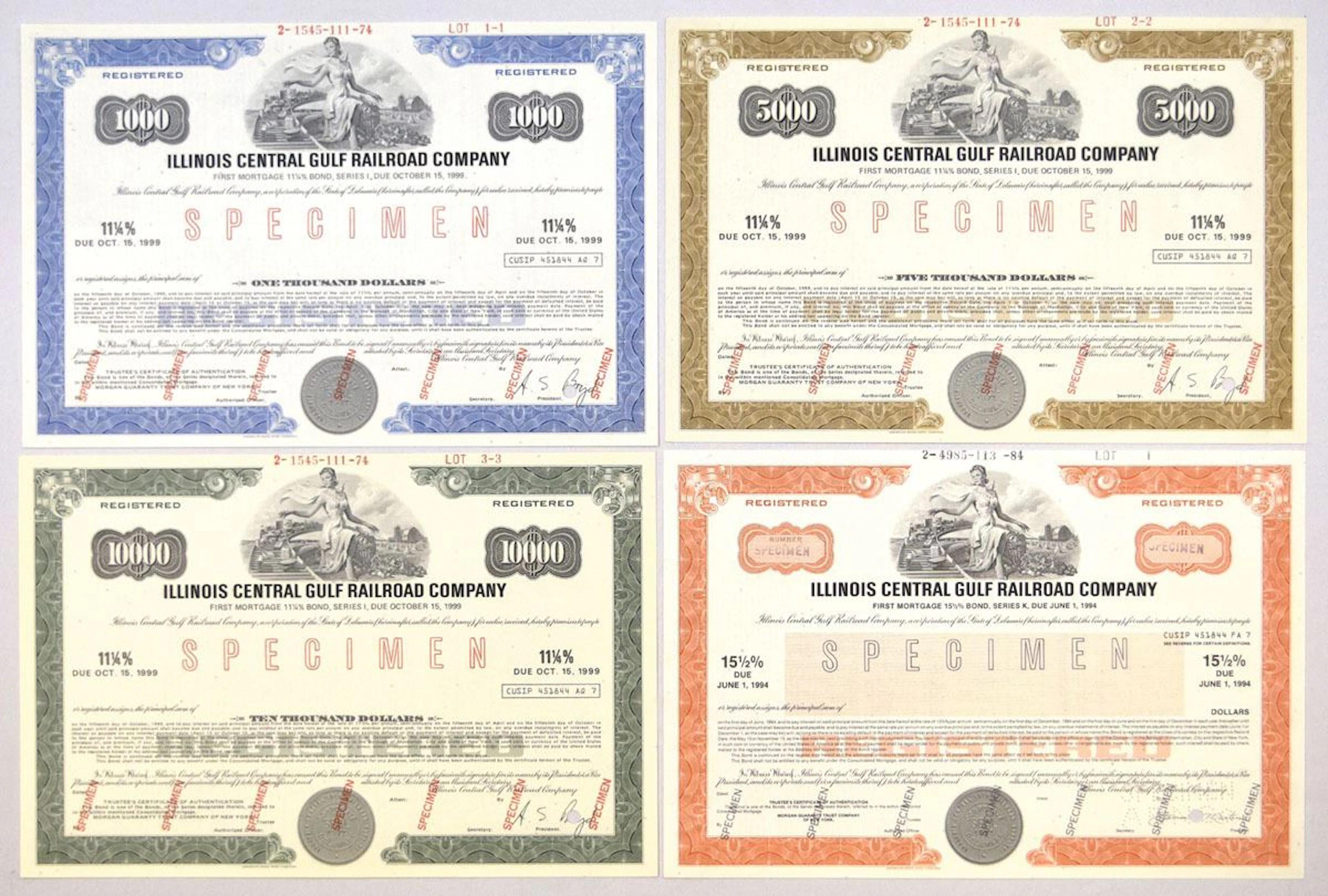 IL. Illinois Central Gulf Railroad Co., 1974 to 1984, Specimen Bond Quartet.