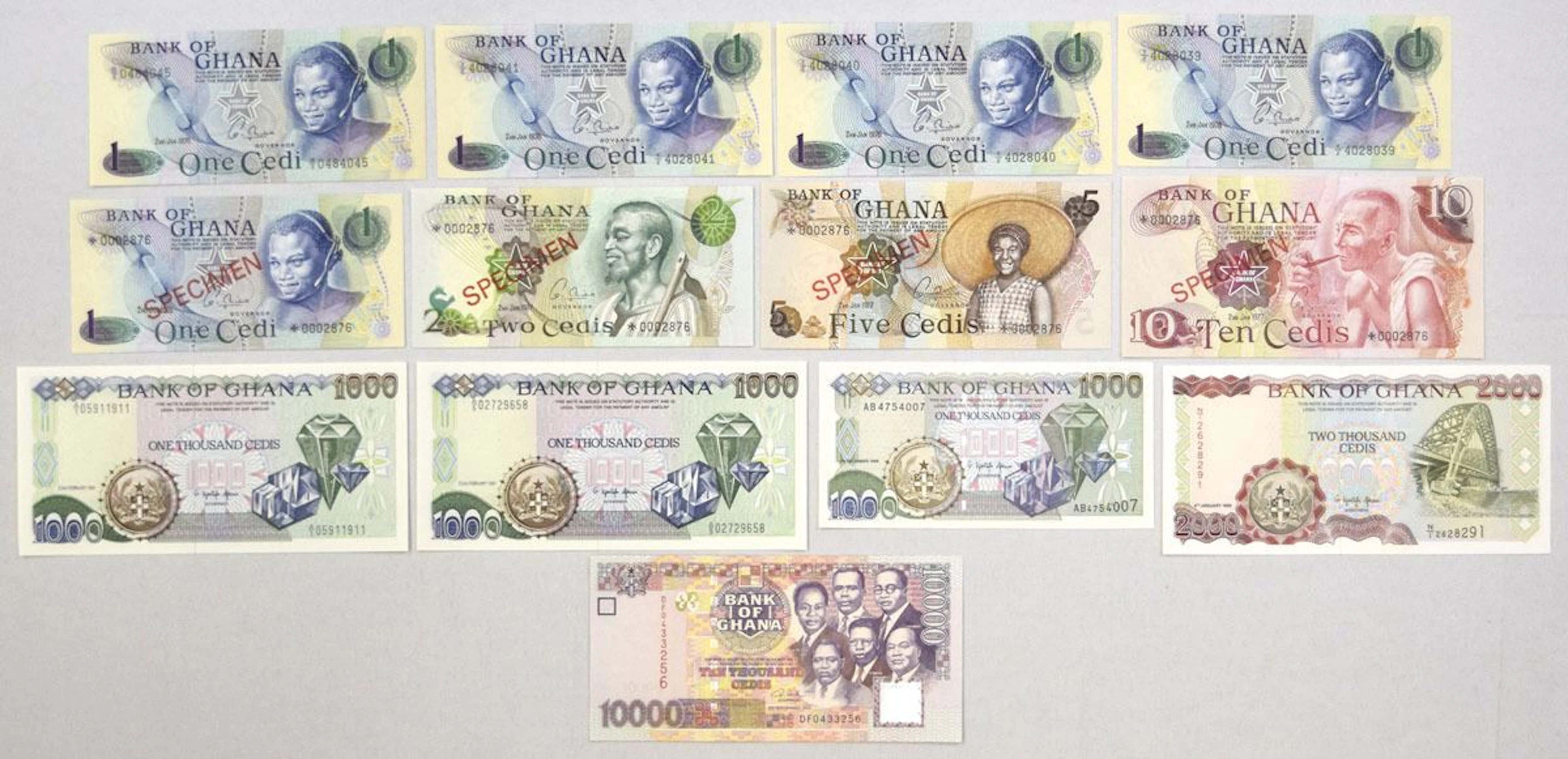 Ghana. Bank of Ghana, 1976 to 2002, Specimen and Issued Banknote Assortment.