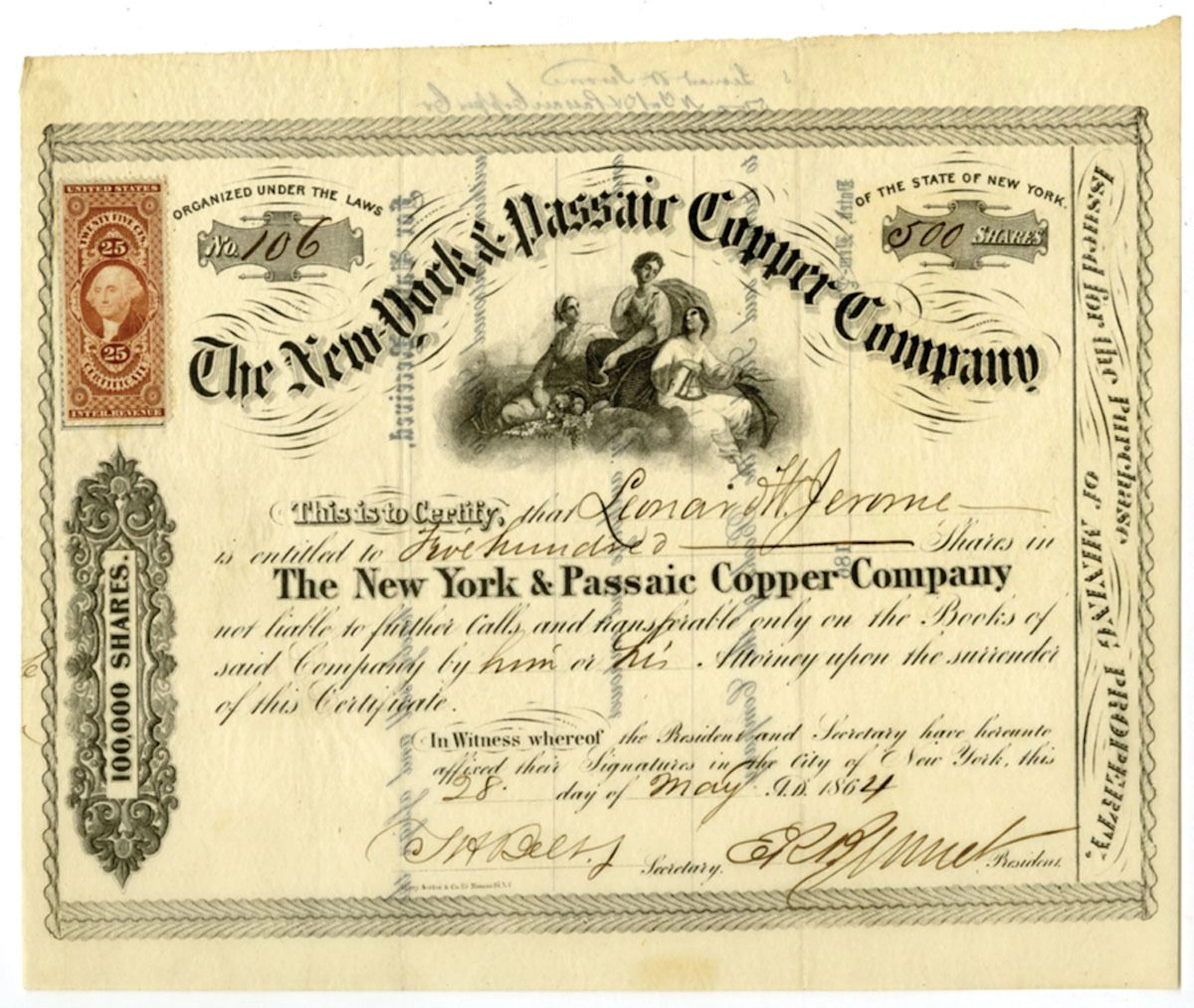 NY. New York & Passaic Copper Co., 1864, I/U Stock Certificate.