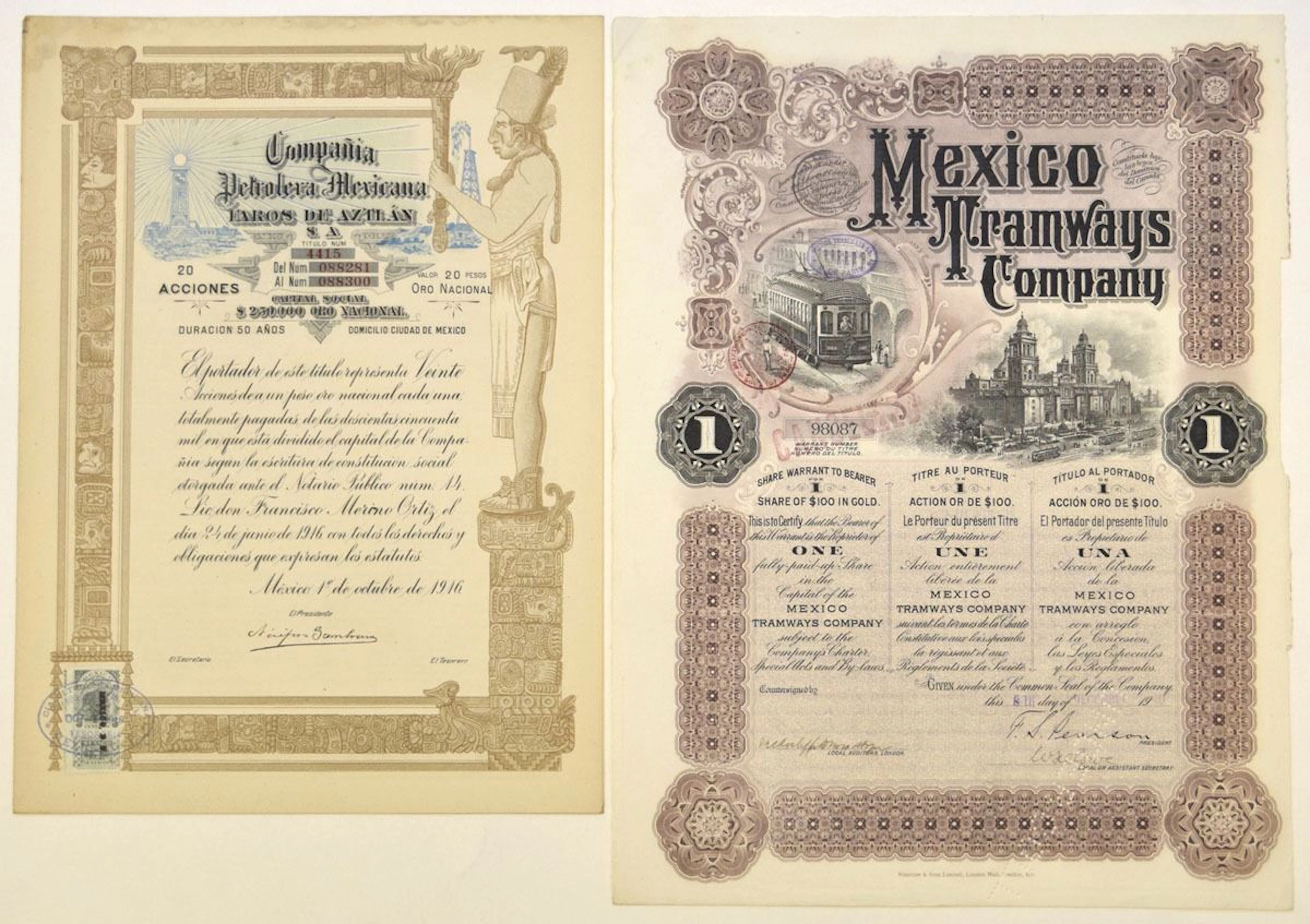 Mexico Petroleum & Tramways Share Certificates, 1900s and 1916.