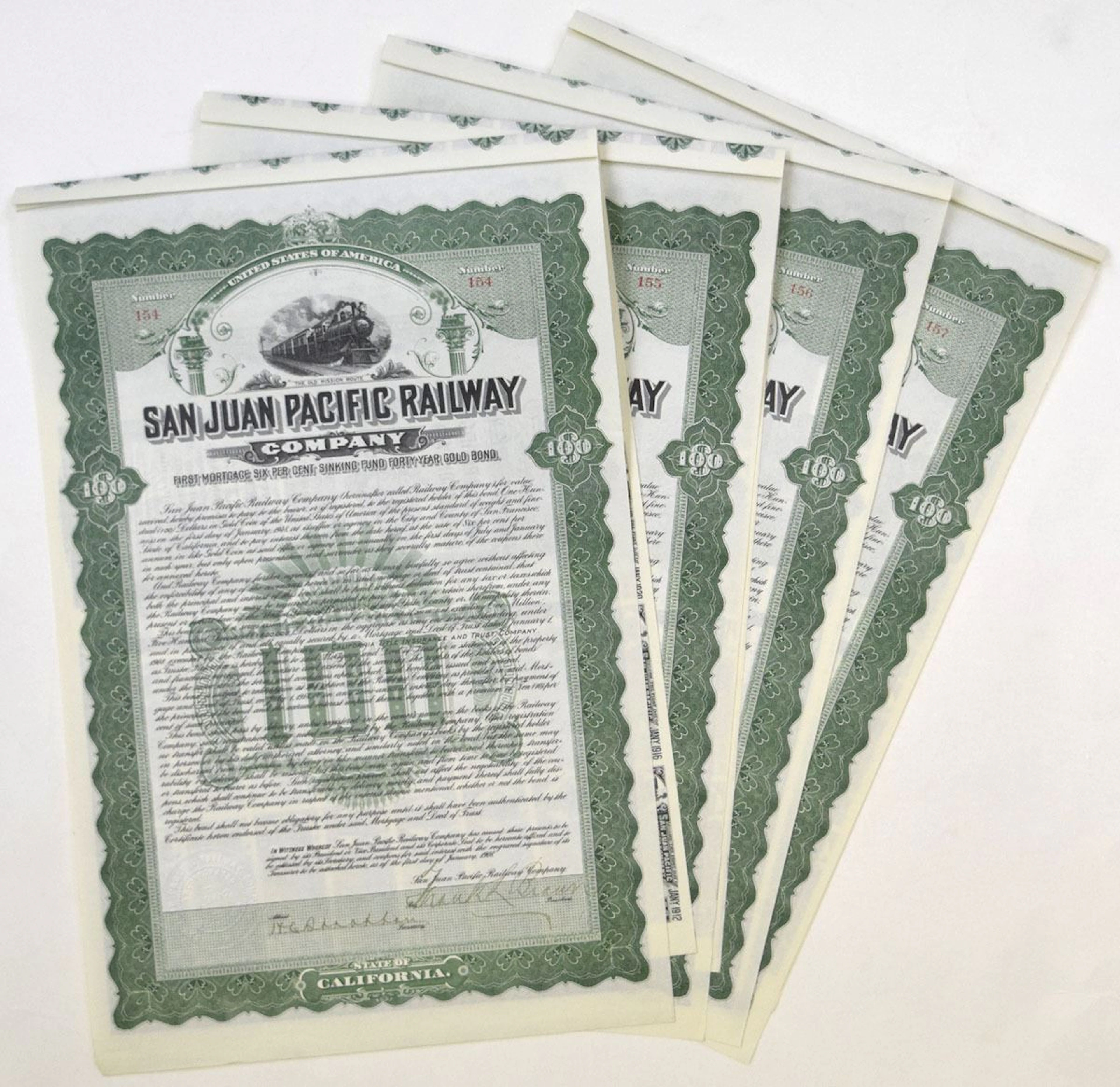 CA. San Juan Pacific Railway Co., 1908, I/U Sequential Coupon Bond Quartet.