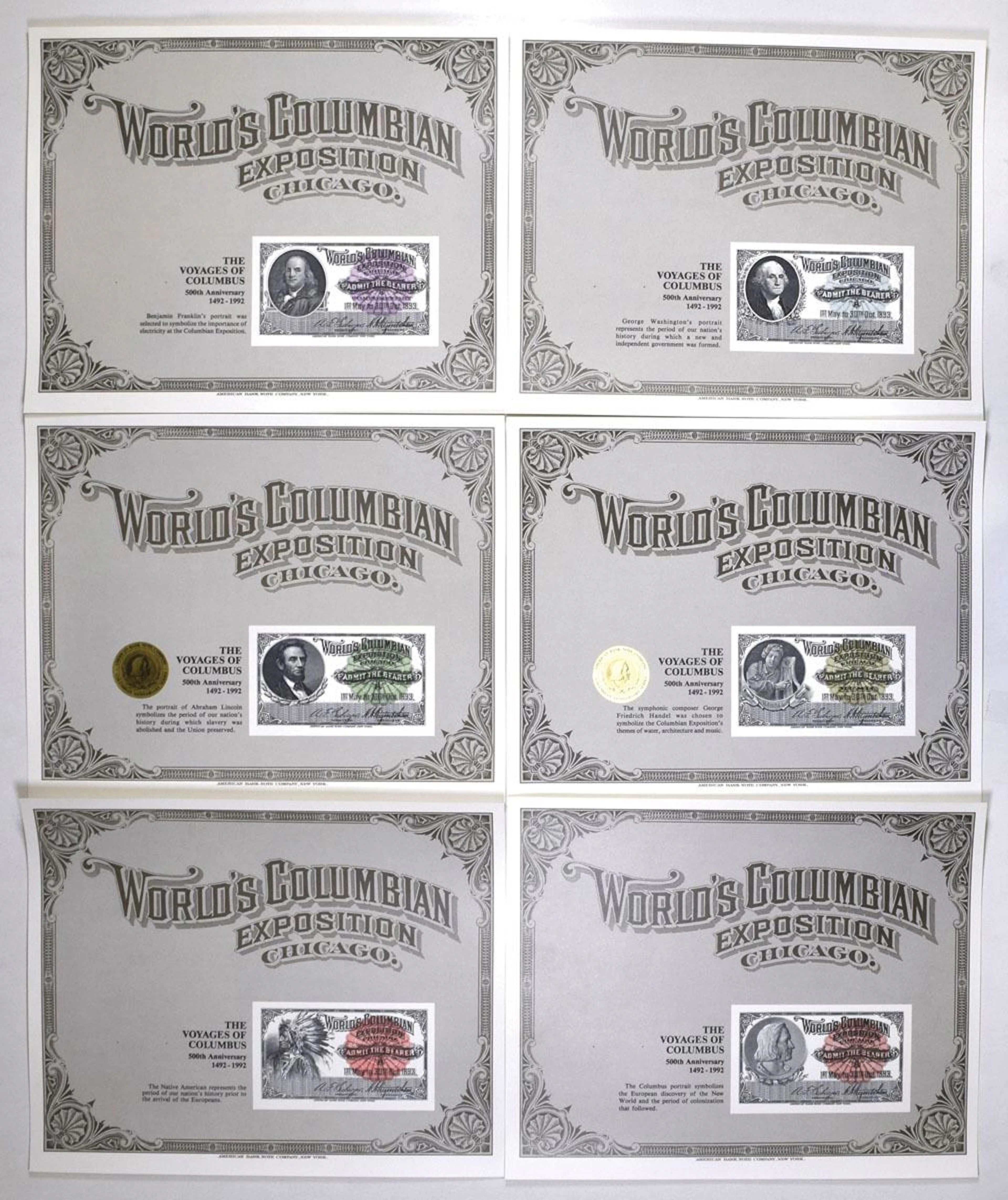 IL. World's Columbian Exposition, ABNC Souvenir Card Centennial Reprints, 1992
