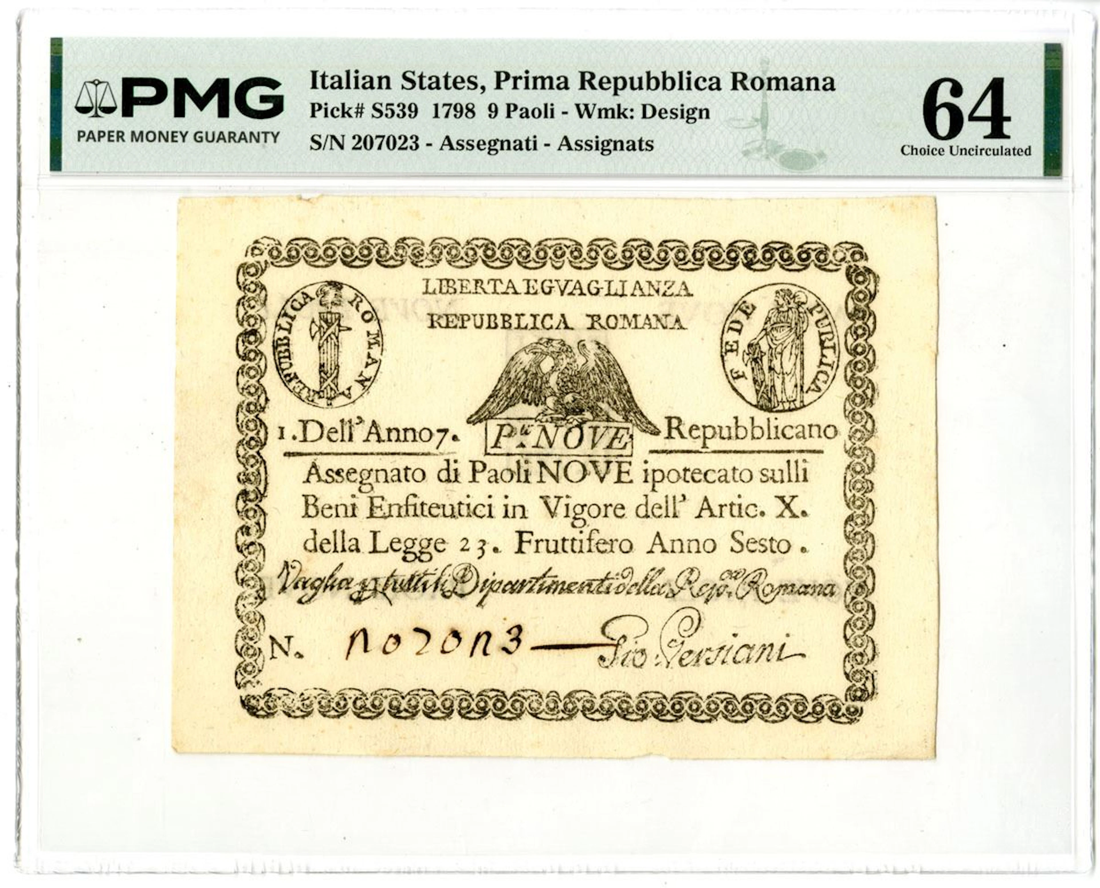 Italian States. Repubblica Romana, Assignats. 1798, Issued Banknote.