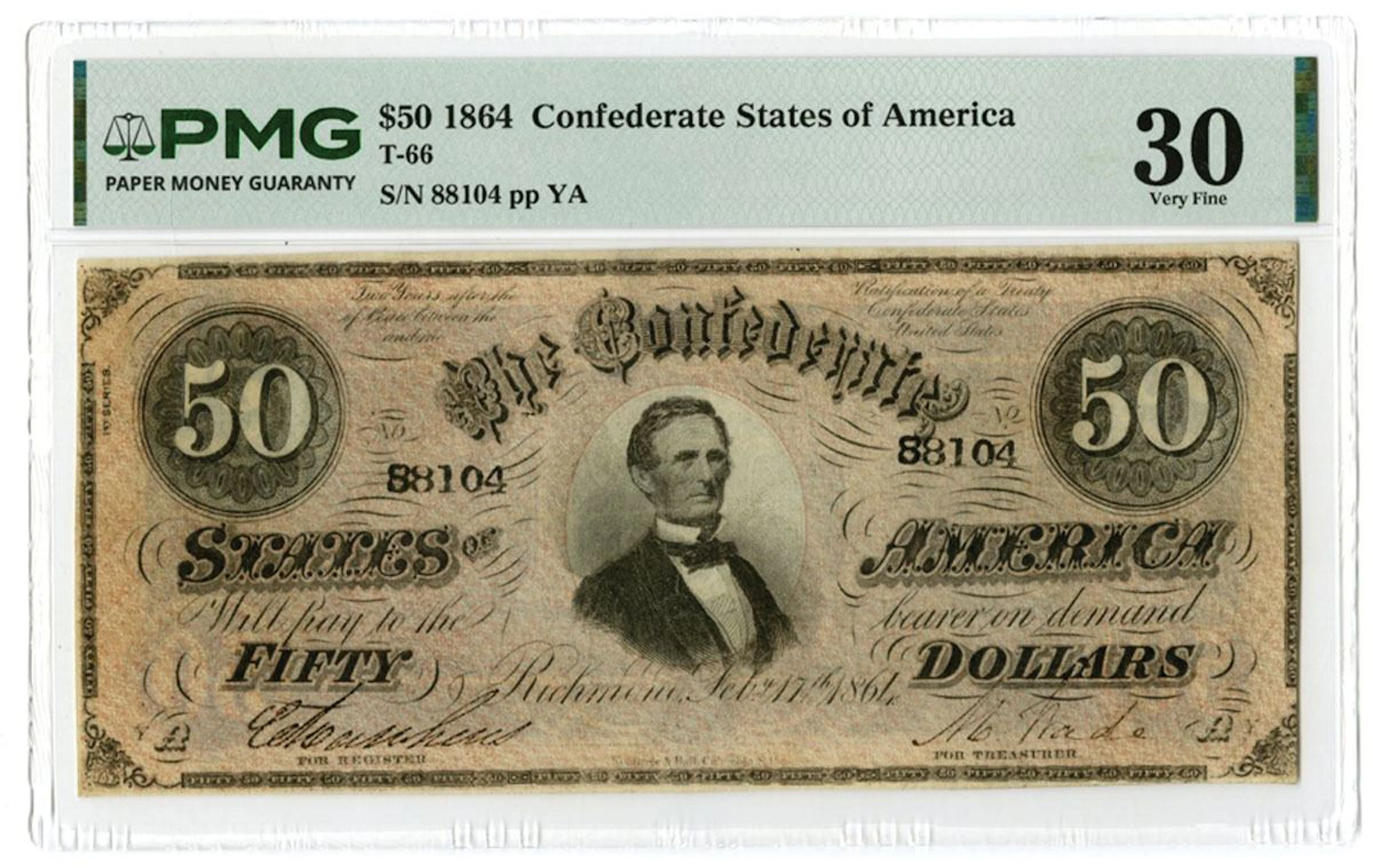 VA. C.S.A., February 17, 1864, $50, T-66, Issued Banknote.