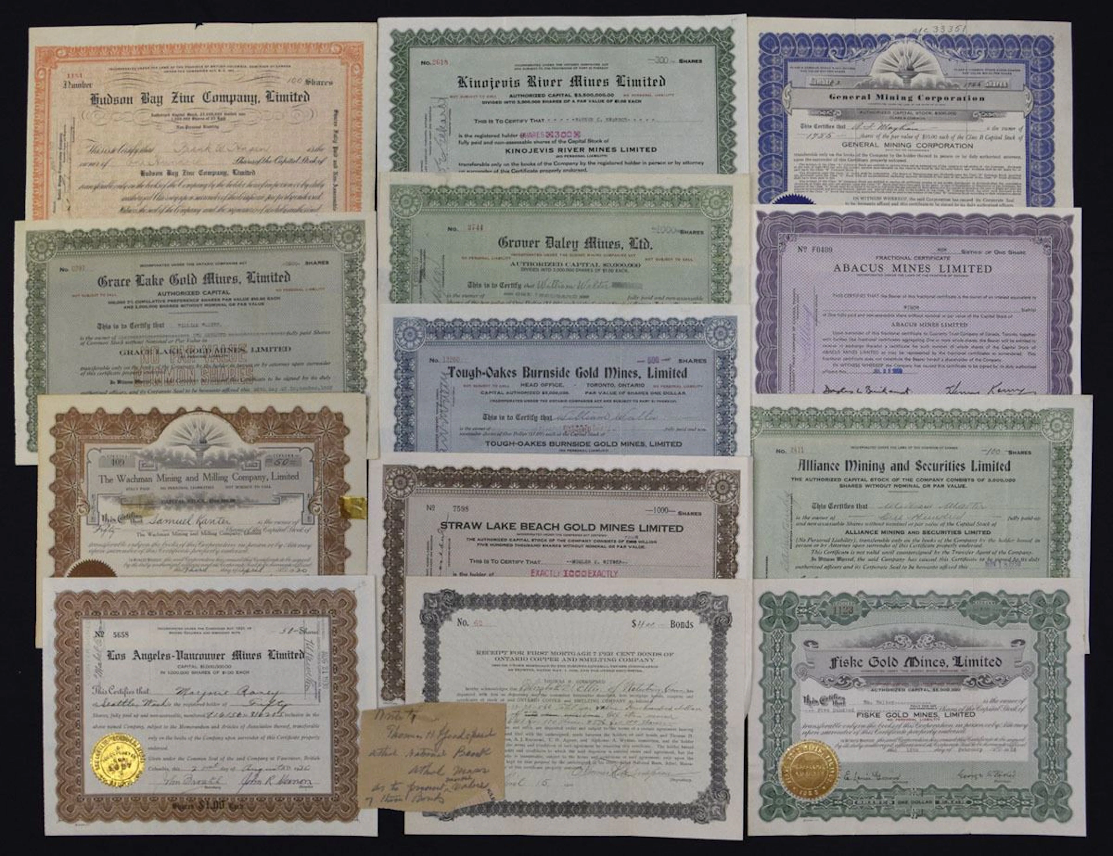 Canada. Mining Share Certificate Selection, early 1910-1959