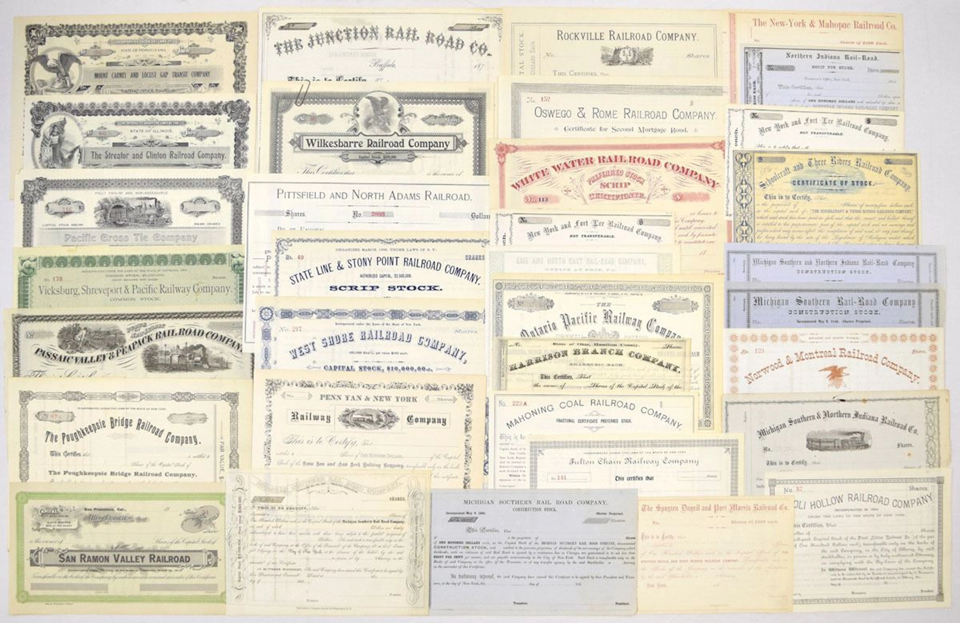 Unissued and Remainder Assortment of Railroad Related Stock Certificates, X-X