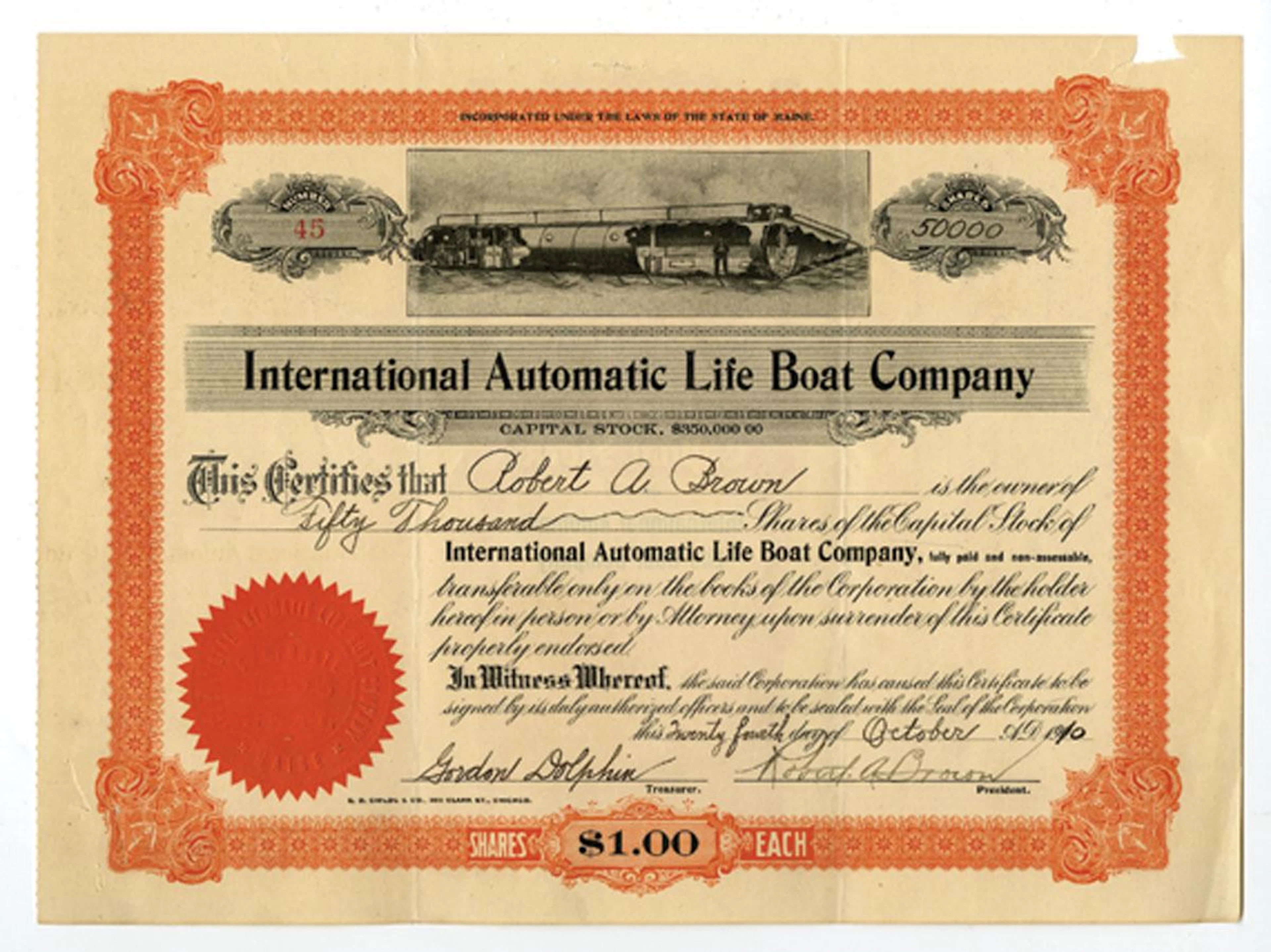 ME. International Automatic Life Boat Co., 1910, I/U Stock Certificate.