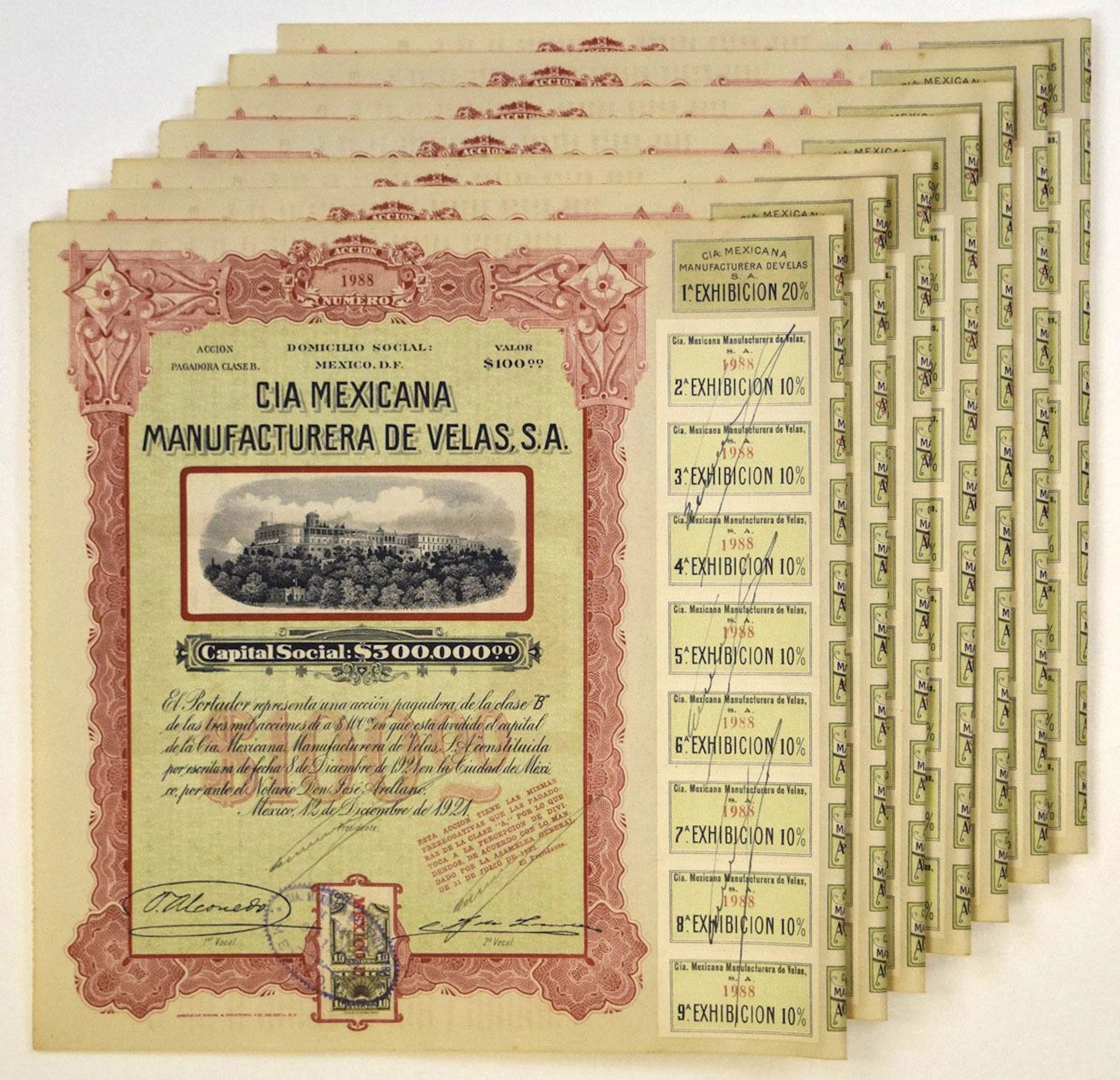Mexico. Cia Mexicana Manufacturer de Velas, S.A. 1921, I/C Stock Certificates