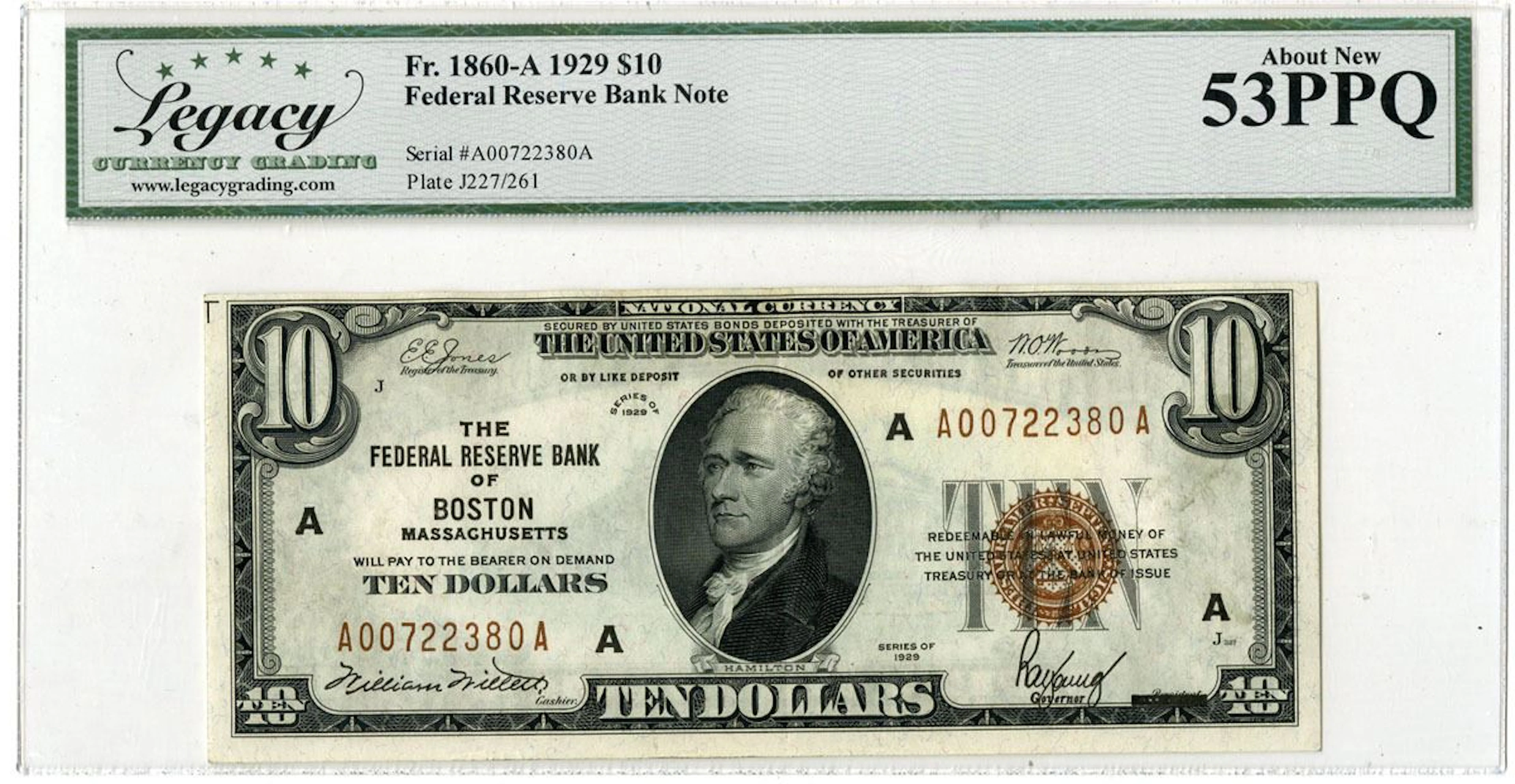 U.S. Federal Reserve Bank Note, Boston. 1929 $10, Fr.# 1860-A, Issued