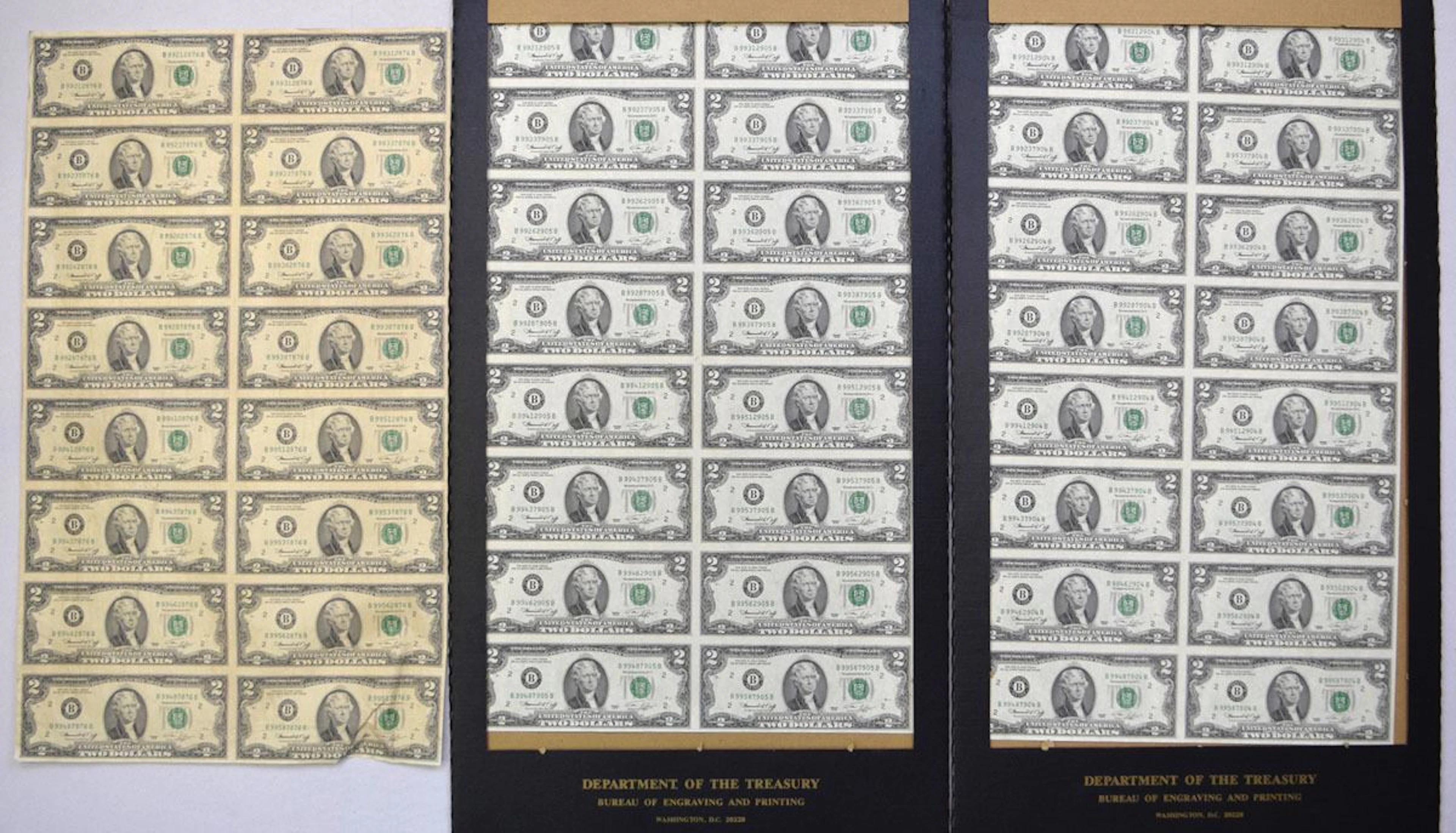 NY., F.R.N., $2, Series of 1976, Fr#1935-B, 3 Uncut Sheets of Banknotes.