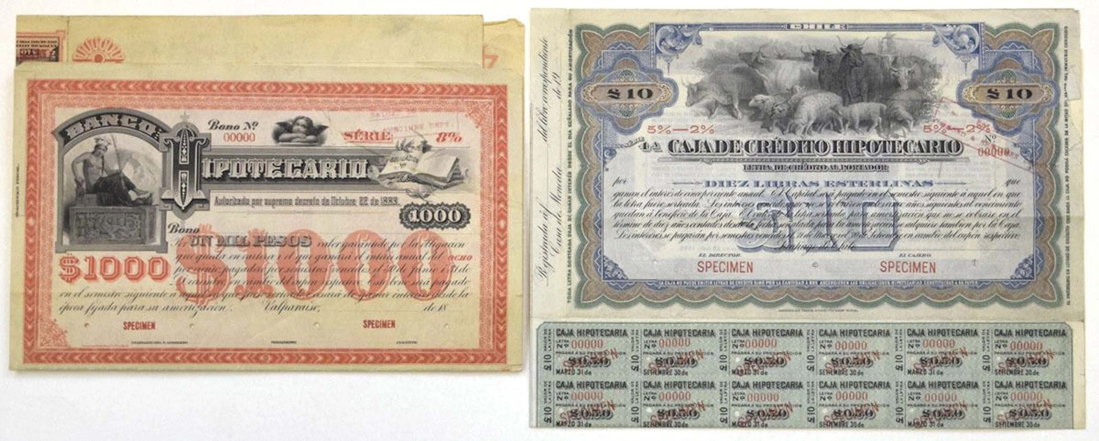Chile, Specimen Banking Coupon Bond Pair, 1883 to 1920s