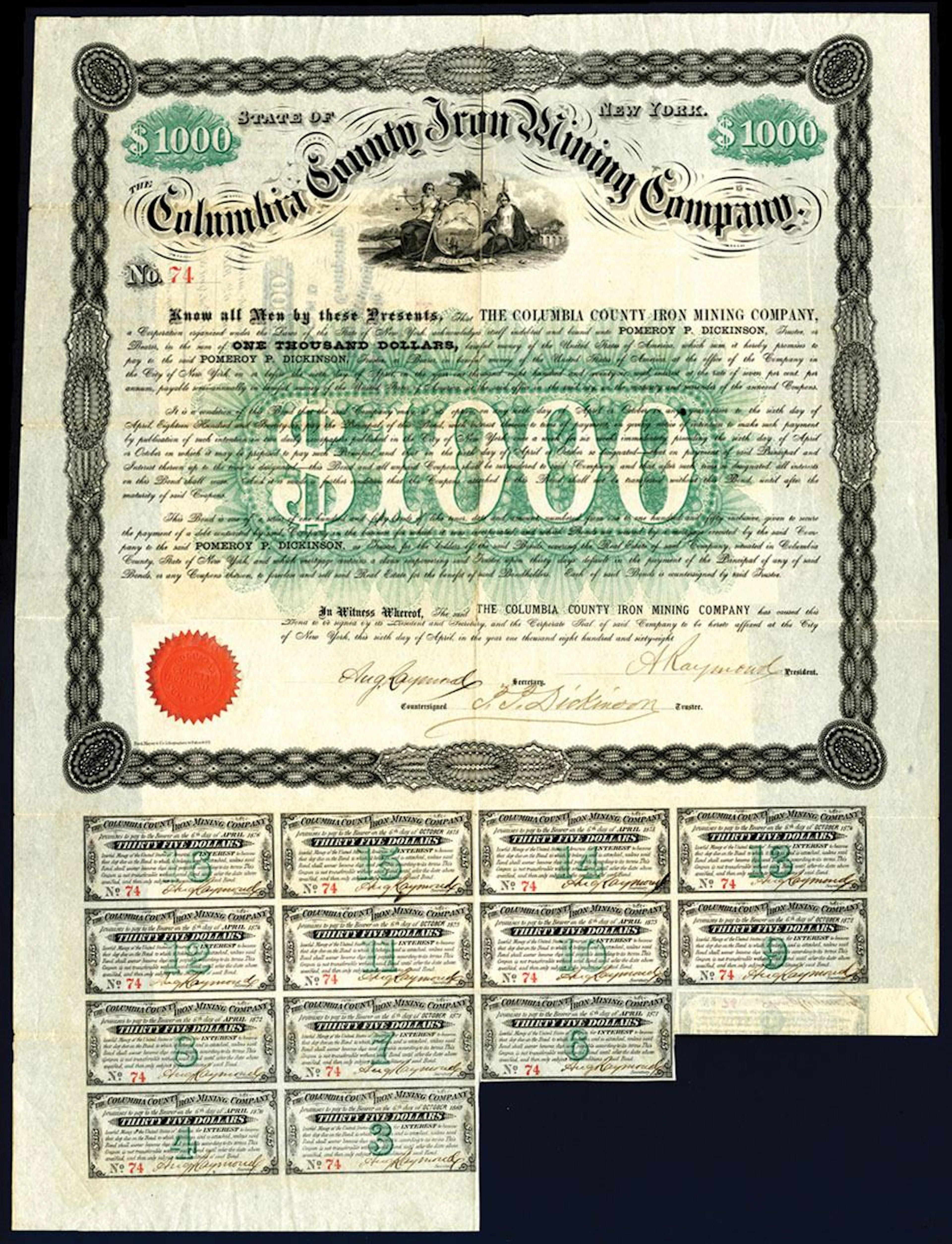 NY. Columbia County Iron Mining Co., 1868, I/U Coupon Bond.